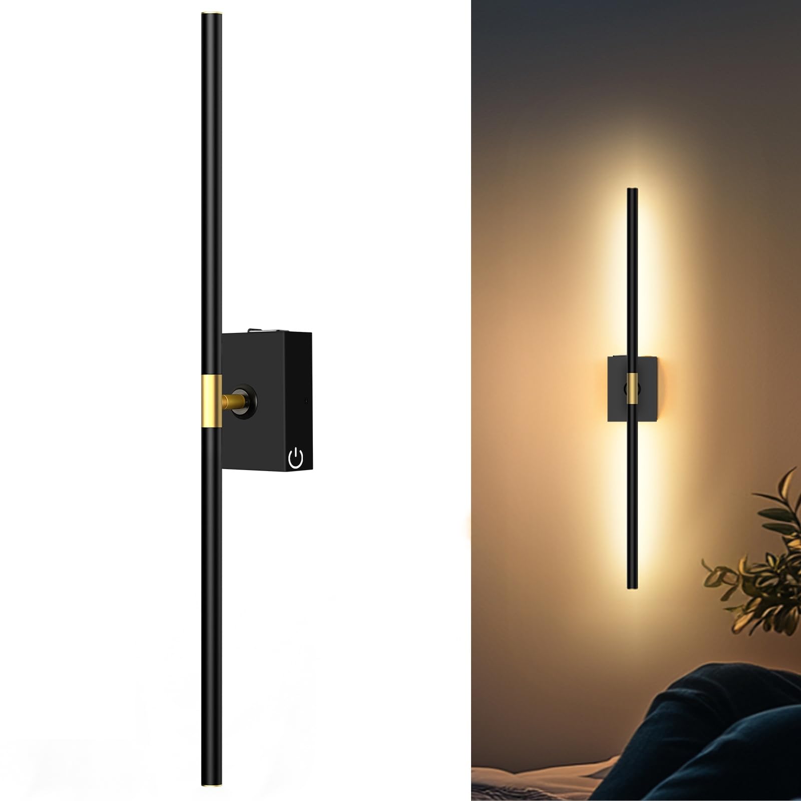 iThird Battery Operated Wall Sconces Set of 2: 10000mAh Rechargeable Wall Lights with Remote Control, 360° Rotate Wireless Wall Scone Decor for TV/Mirror Bedroom Living Room, 31.5 Inch, Black
