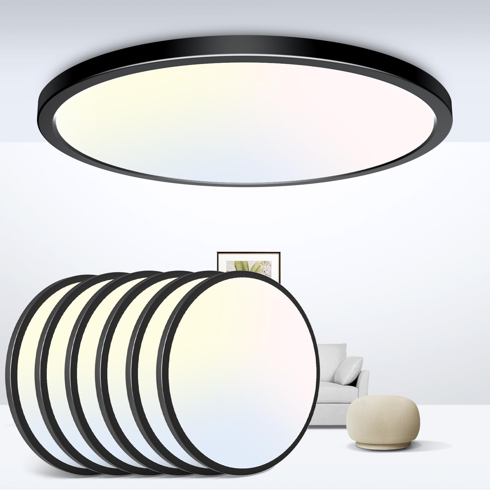 zemty 6-Pack 12-Inch LED Flush Mount Ceiling Lights, 24W 3200Lumens 5 CCT Adjustable (3000K-6500K), Round Flat Light Fixture for Bedroom Kitchen Bathroom Hallway (White)