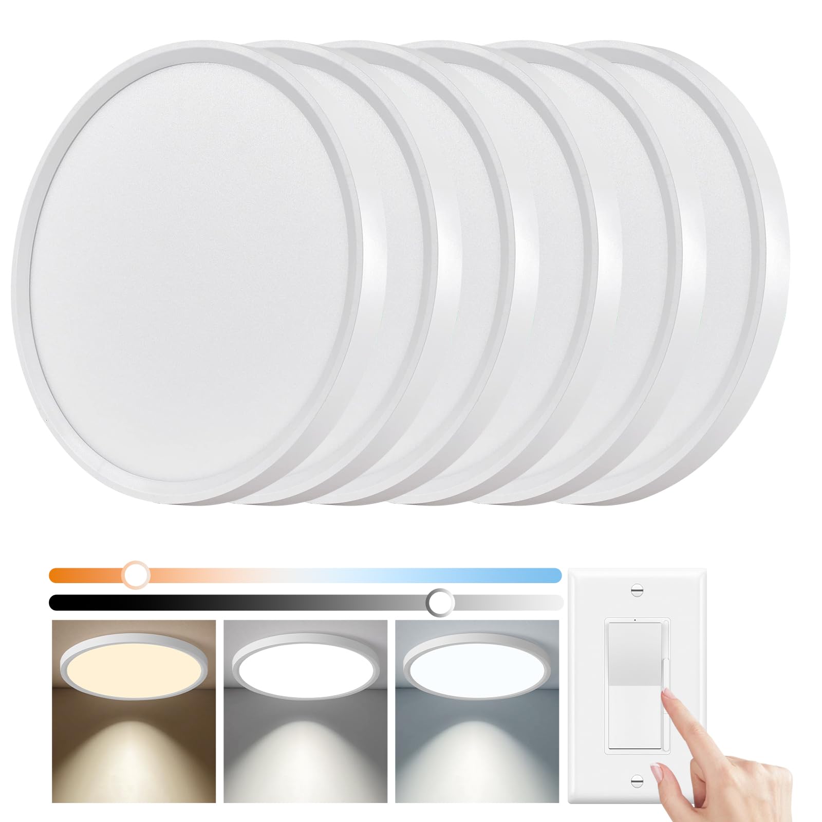 6 Pack 12 Inch Slim Dimmable LED Flush Mount Ceiling Light Fixtures, 24W 2640LM 3000K/4000K/5000K, House Upgrade Led Lights for Bedroom Hallway Laundry Room Rental Units, 240W Equiv., Black