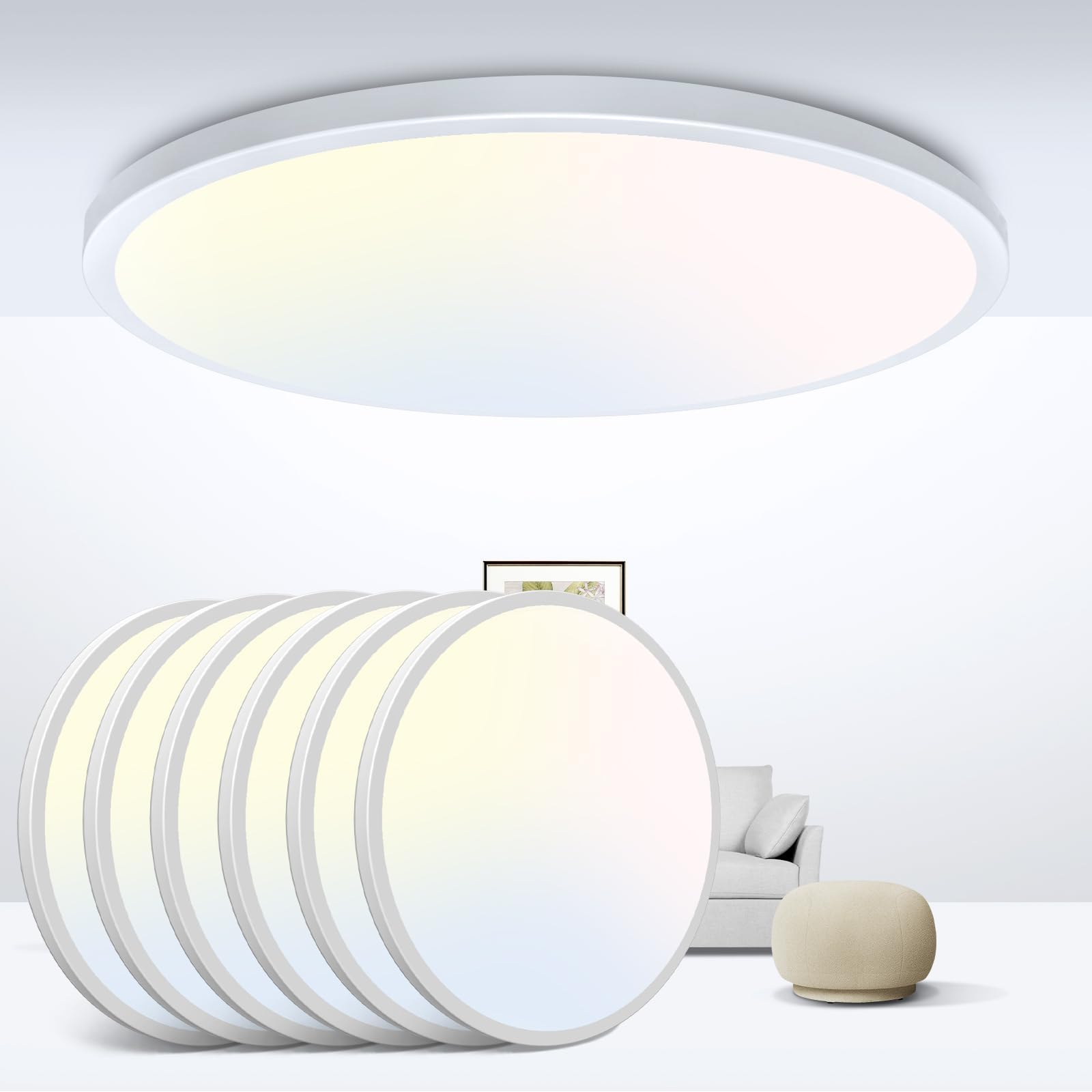 zemty 6-Pack 12-Inch LED Flush Mount Ceiling Lights, 24W 3200Lumens 5 CCT Adjustable (3000K-6500K), Round Flat Light Fixture for Bedroom Kitchen Bathroom Hallway (White)