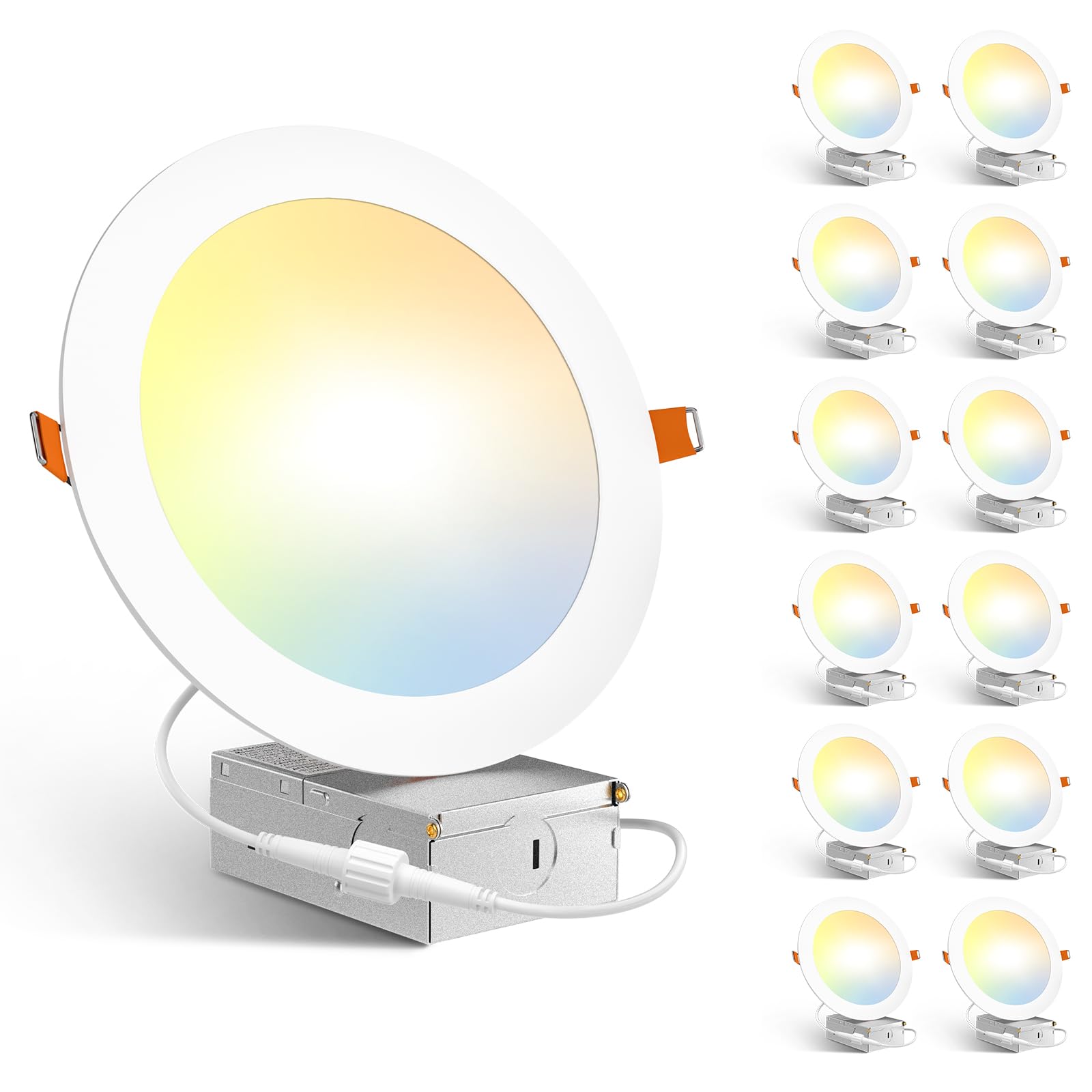 Amico 12 Pack 6 Inch 5CCT Ultra-Thin LED Recessed Ceiling Light with Junction Box, 1050LM Brightness, Dimmable Canless Wafer Downlight, 12W, ETL&FCC