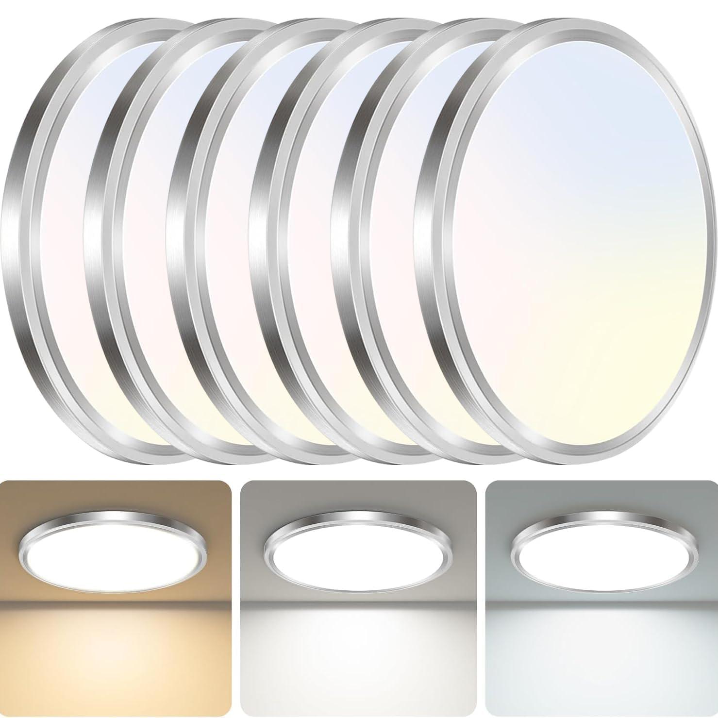 zemty 6-Pack 12-Inch LED Flush Mount Ceiling Lights, 24W 3200Lumens 5 CCT Adjustable (3000K-6500K), Round Flat Light Fixture for Bedroom Kitchen Bathroom Hallway (White)