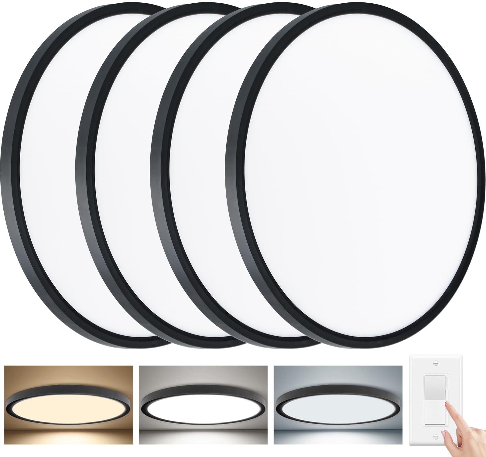 6 Pack 12 Inch Slim Dimmable LED Flush Mount Ceiling Light Fixtures, 24W 2640LM 3000K/4000K/5000K, House Upgrade Led Lights for Bedroom Hallway Laundry Room Rental Units, 240W Equiv., Black