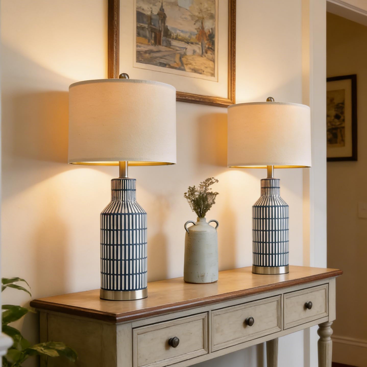 USumkky 25" Table Lamps Set of 2 - Modern Bedside Lamps for Living Room - White Washed Ceramic Nightstand Lamps for Bedroom