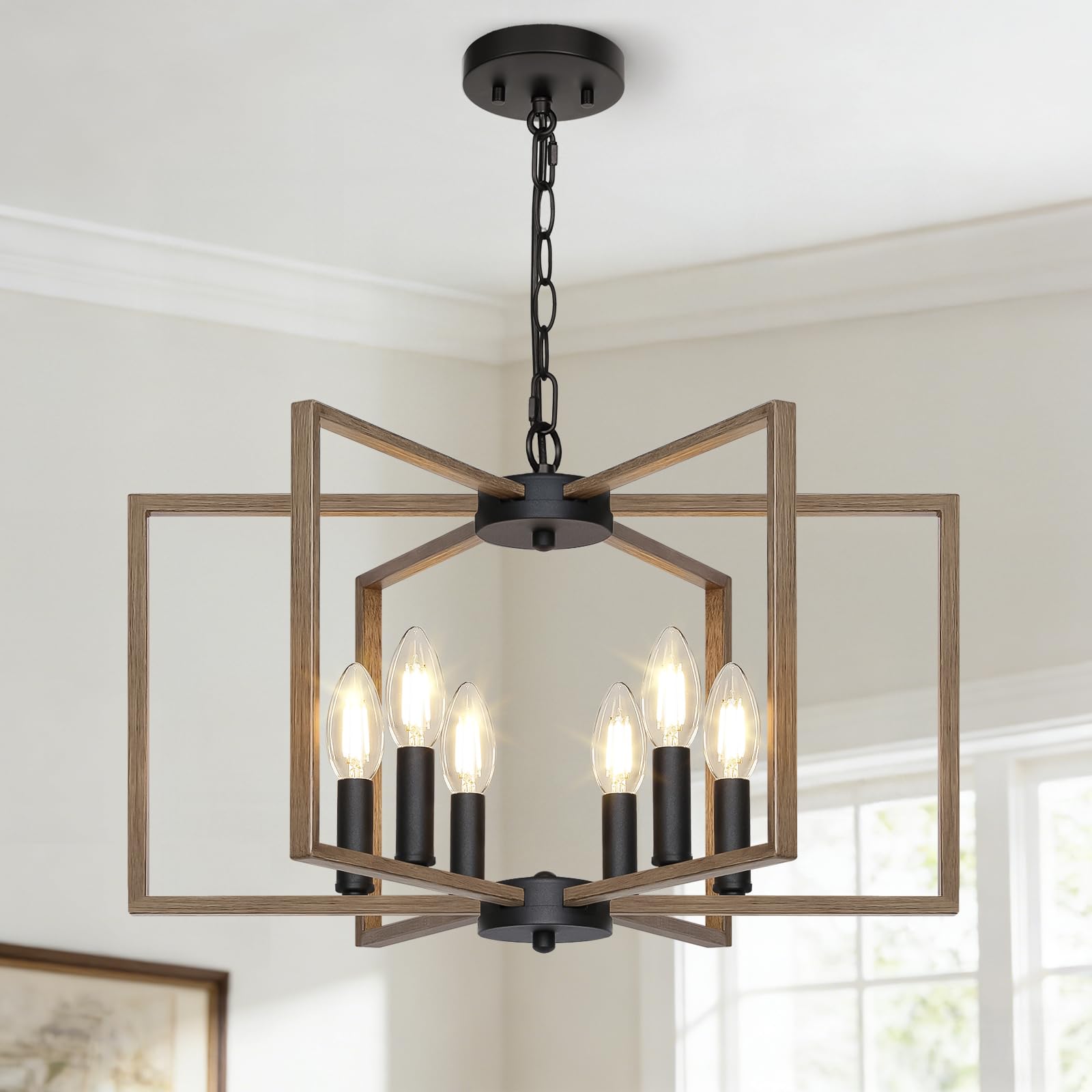 Black Farmhouse Chandelier, 6 Light Geometric Dining Room Light Fixture, Modern Industrial Metal Ceiling Light Rustic Hanging Pendant Lights with E12 base for Kitchen Island Entryway Foyer, Indoor