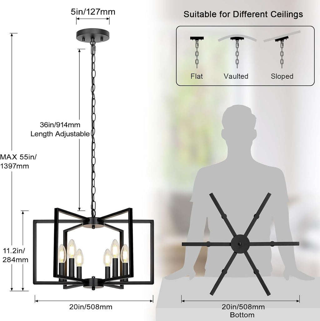 Black Farmhouse Chandelier, 6 Light Geometric Dining Room Light Fixture, Modern Industrial Metal Ceiling Light Rustic Hanging Pendant Lights with E12 base for Kitchen Island Entryway Foyer, Indoor