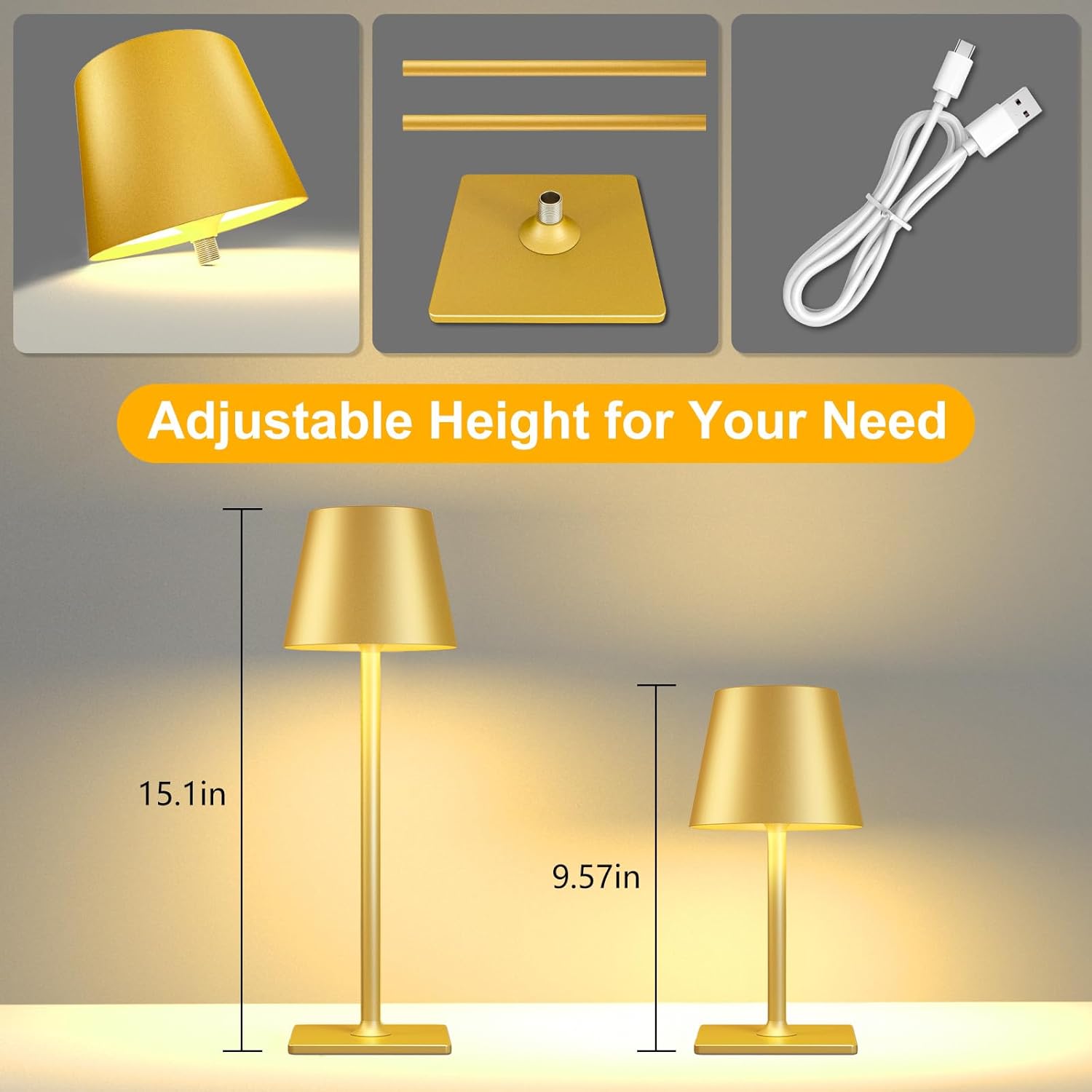 Yogaret 2 Pack Gold Rechargeable Table Lamps,Cordless Lamp with 6000mAh Battery Operated,Wireless Lamp for Restaurant Home Dinner Dining Kitchen Outdoor Patio,Waterproof & Portable