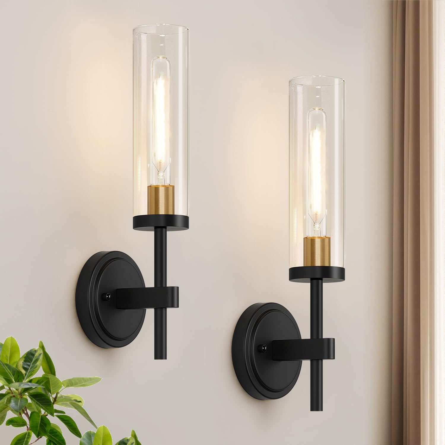 MOKATNG Wall Sconces Set of Two, Brushed Gold Bathroom Sconces with Clear Glass, Hardwired Sconces Wall Decor Set of 2, Modern Wall Light Fixtures for Bathroom Mirror Living Room Bedroom Hallway