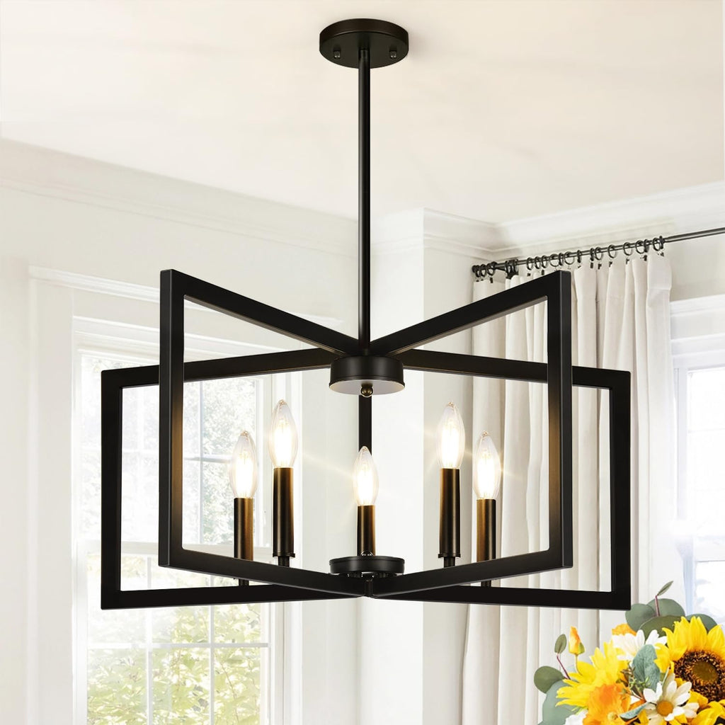 25" Modern Matte Black Chandelier for Dining Room, No Assembly Required Black Dining Room Light Fixture Over Table, Industrial Metal Hanging Pendant Lights Fixture for Kitchen Island, Entryway, Foyer
