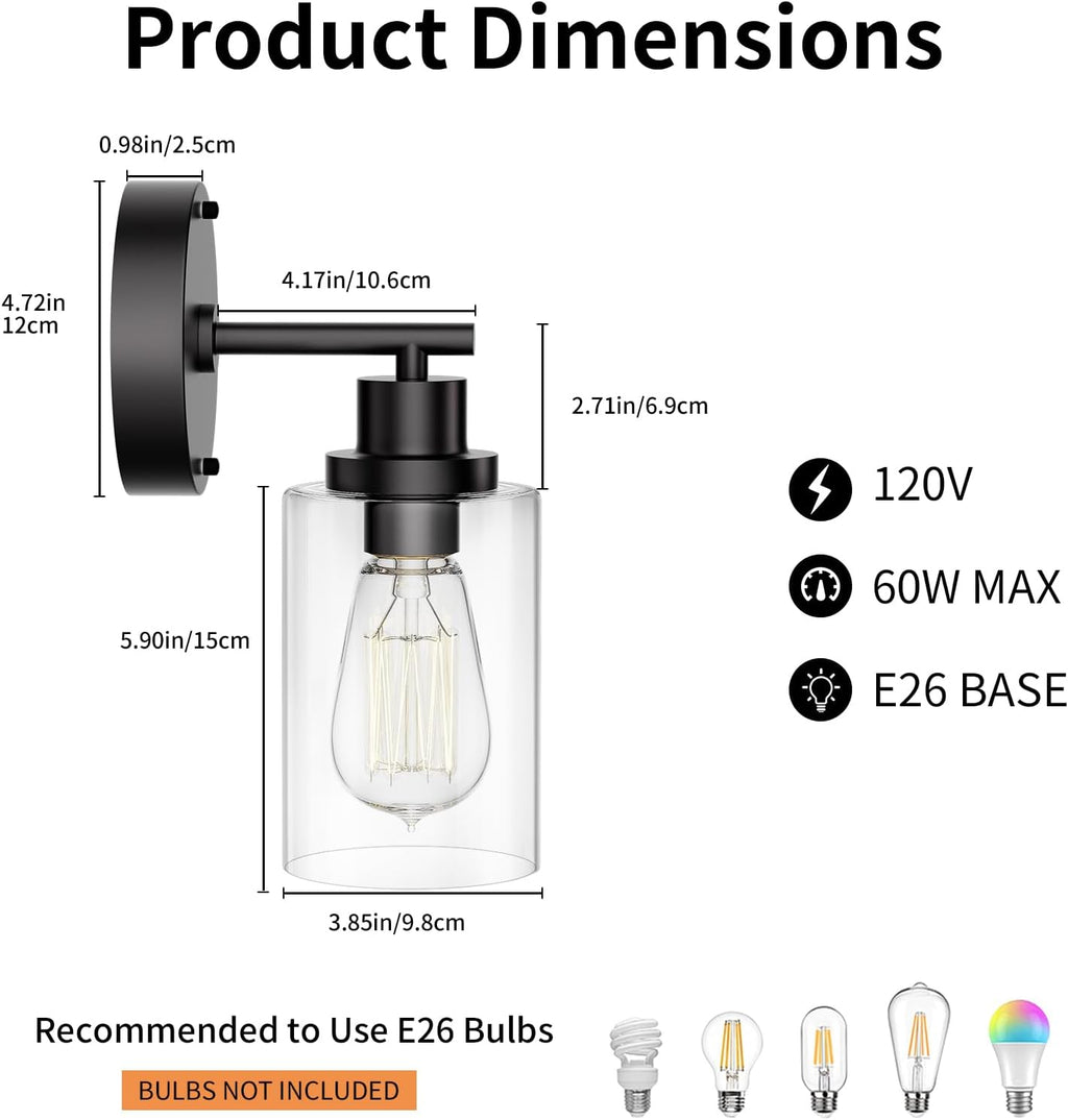 BUTHY Black Wall Sconce Light: Modern Wall Sconces Indoor, LED Wall Light Fixtures with E26 Base and Clear Glass Shade, Sconces Wall Lighting for Hallway, Bedroom, Living Room, and Mirror