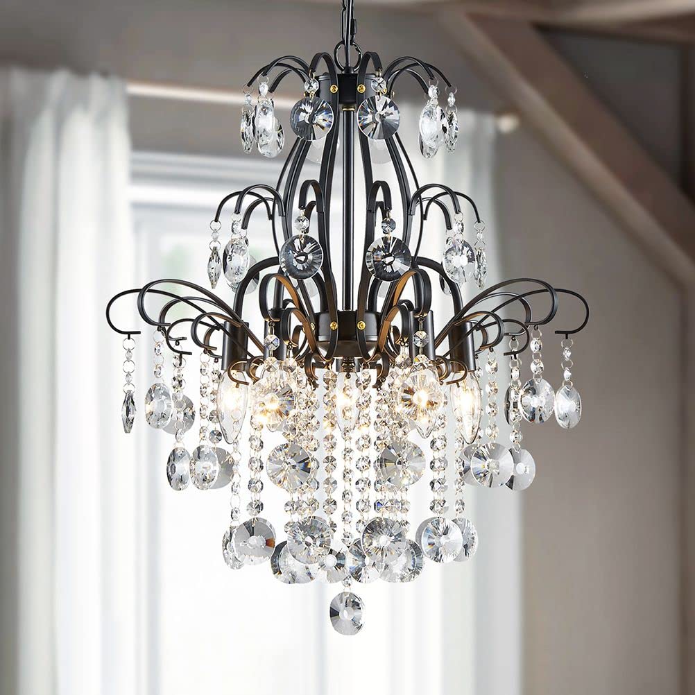 WUZUPS Crystal Chandelier 10-Light Pendant Ceiling Light Modern Lighting Fixture for Dining Room Hallway Bedroom Kitchen Bathroom, H 27.6" x W 22.8", E12 Base, Black