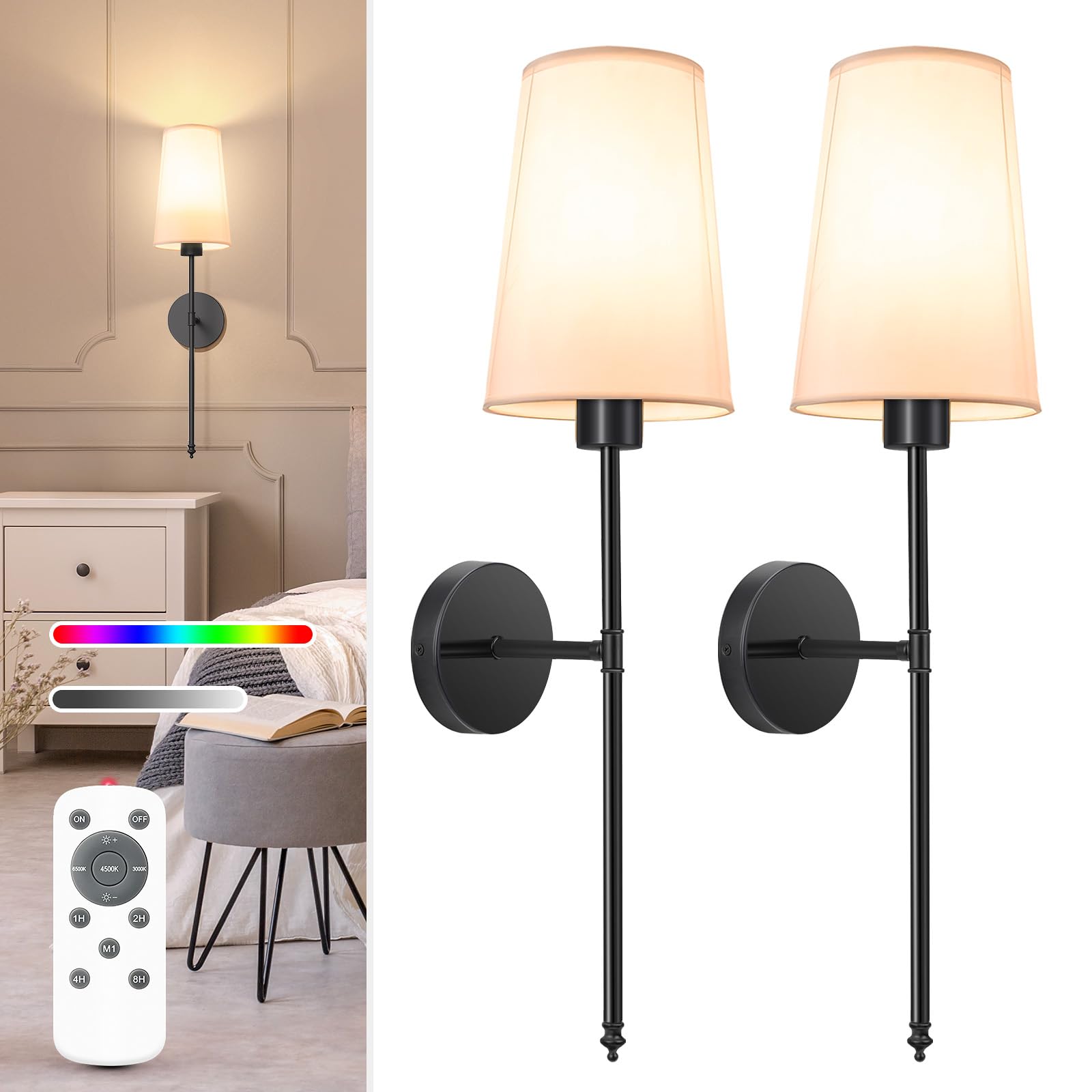 NIORSUN Battery Operated Wall Sconce Set of 2,Gold Rechargeable Wall Lights with 5200mAh Dimmable Bulbs and Remote,10 Colors Wireless Wall Lamps for Bedroom Living Room Hallway Decor