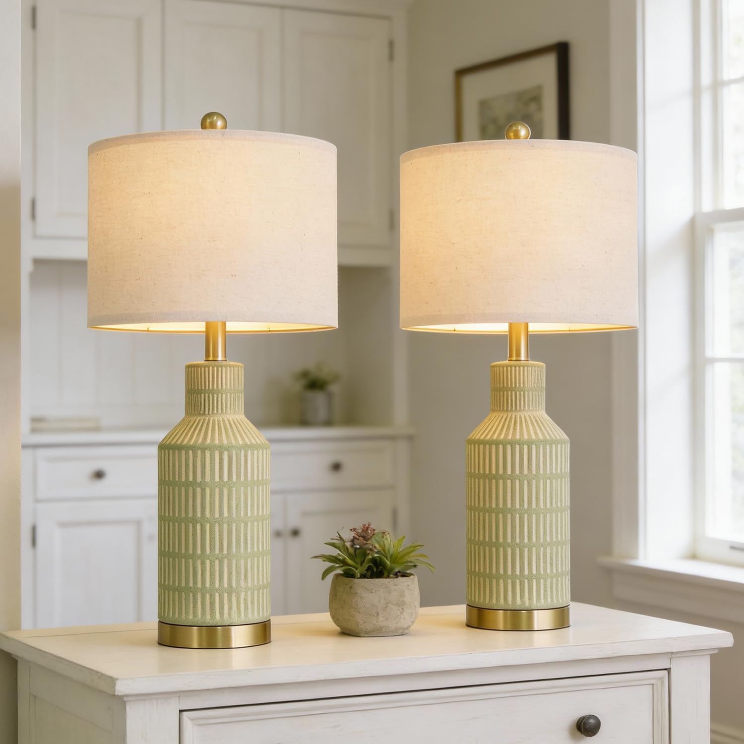 USumkky 25" Table Lamps Set of 2 - Modern Bedside Lamps for Living Room - White Washed Ceramic Nightstand Lamps for Bedroom