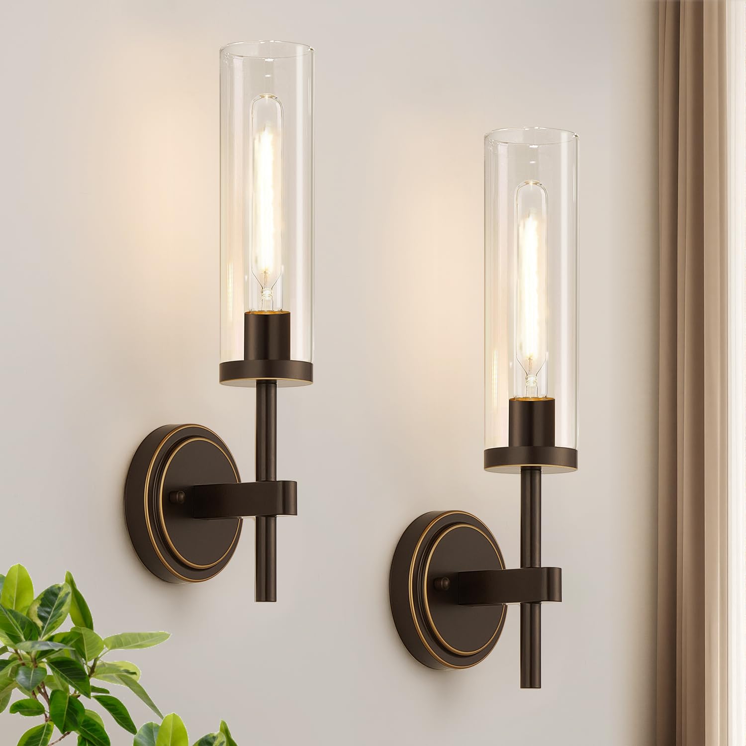 MOKATNG Wall Sconces Set of Two, Brushed Gold Bathroom Sconces with Clear Glass, Hardwired Sconces Wall Decor Set of 2, Modern Wall Light Fixtures for Bathroom Mirror Living Room Bedroom Hallway