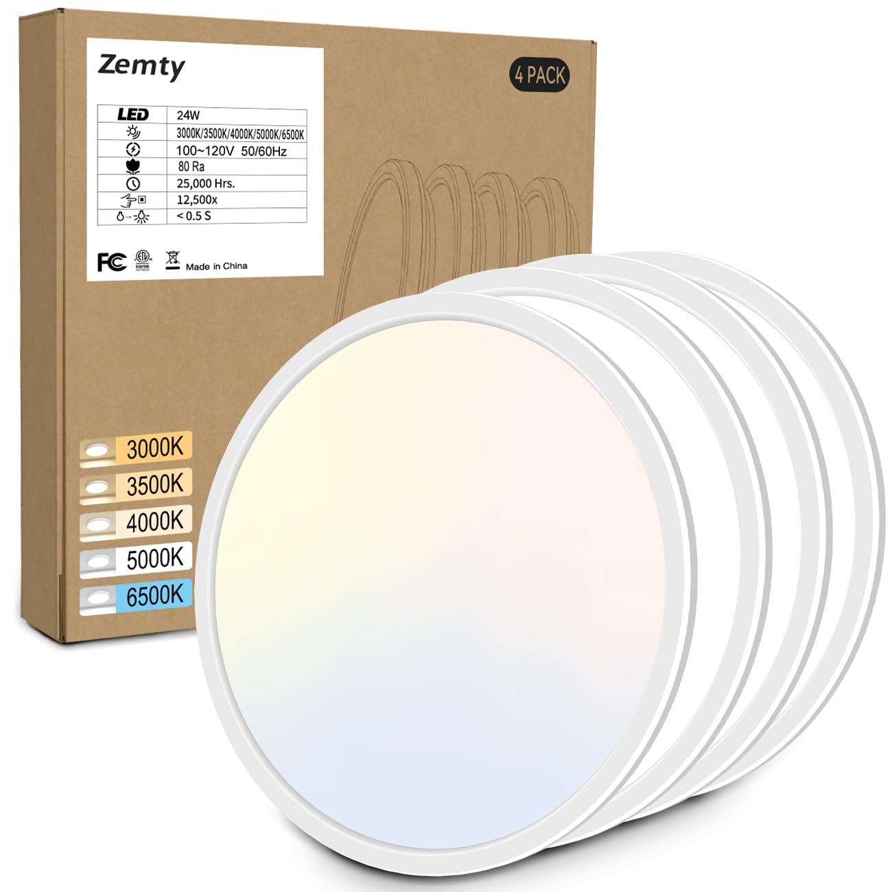 zemty 6-Pack 12-Inch LED Flush Mount Ceiling Lights, 24W 3200Lumens 5 CCT Adjustable (3000K-6500K), Round Flat Light Fixture for Bedroom Kitchen Bathroom Hallway (White)