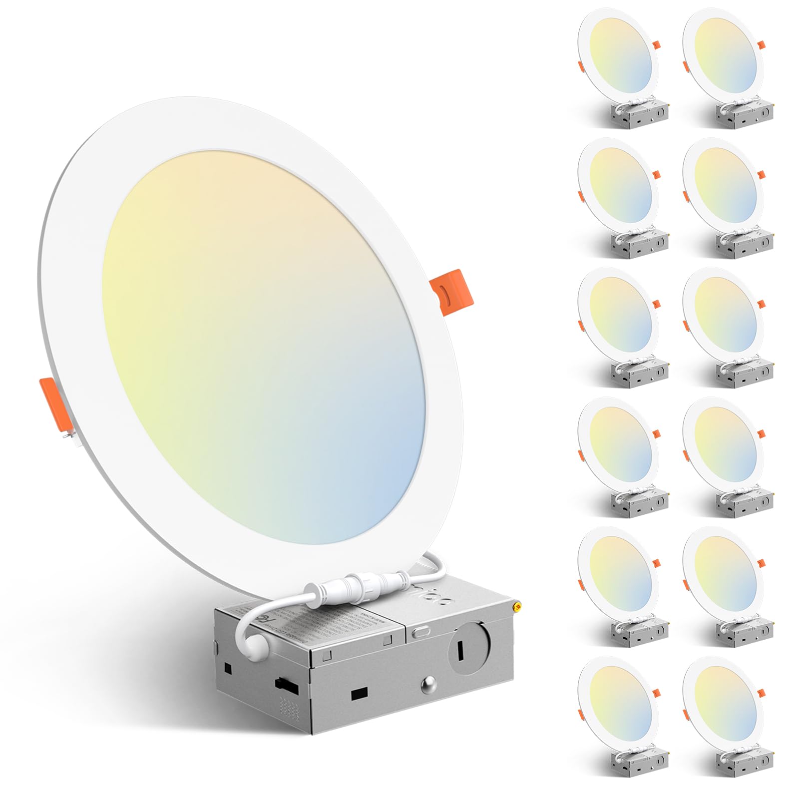 Amico 12 Pack 6 Inch 5CCT Ultra-Thin LED Recessed Ceiling Light with Junction Box, 1050LM Brightness, Dimmable Canless Wafer Downlight, 12W, ETL&FCC