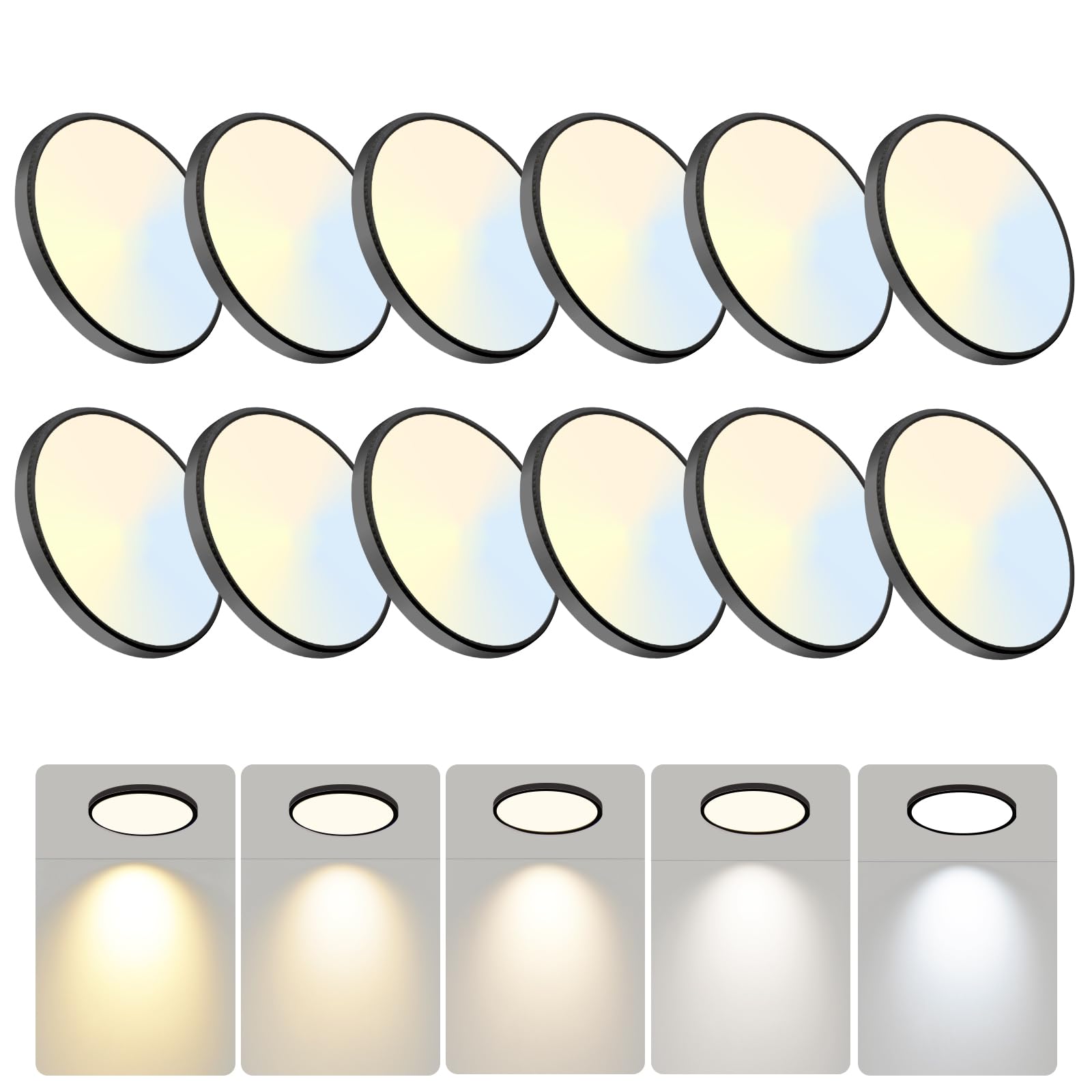 WKONCLDY 6Pack 3200lm LED Flush Mount Ceiling Light, Super Slim 12 inch LED Ceiling Light, 5000K LED Ceiling Light for Bedroom, Living Room, Dining Room (Black, Six Pack)