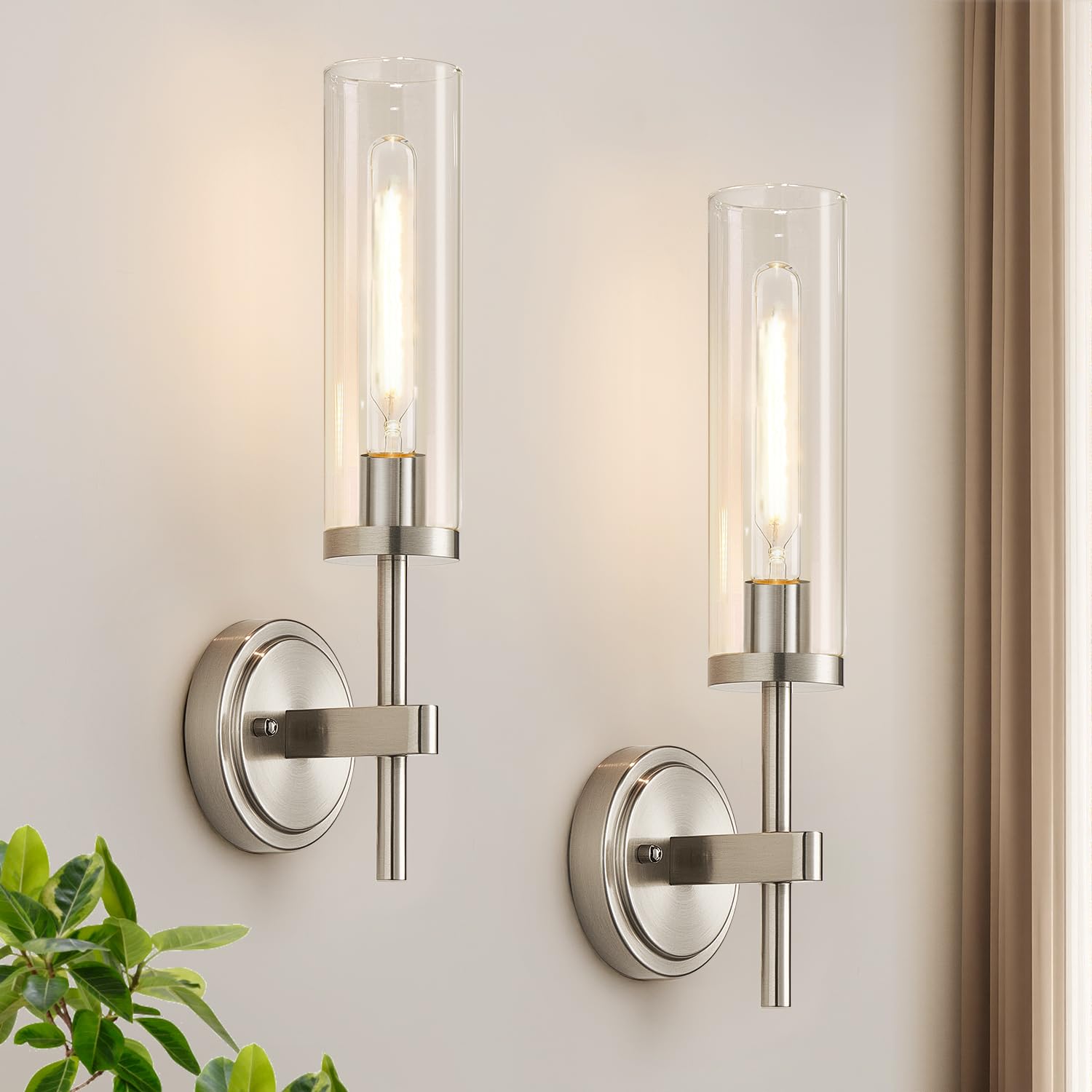 MOKATNG Wall Sconces Set of Two, Brushed Gold Bathroom Sconces with Clear Glass, Hardwired Sconces Wall Decor Set of 2, Modern Wall Light Fixtures for Bathroom Mirror Living Room Bedroom Hallway