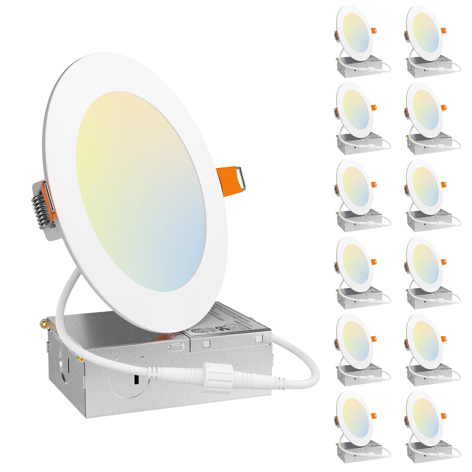 Amico 12 Pack 6 Inch 5CCT Ultra-Thin LED Recessed Ceiling Light with Junction Box, 1050LM Brightness, Dimmable Canless Wafer Downlight, 12W, ETL&FCC