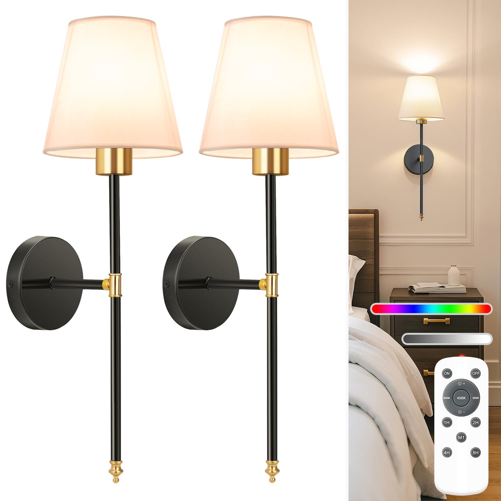 NIORSUN Battery Operated Wall Sconce Set of 2,Gold Rechargeable Wall Lights with 5200mAh Dimmable Bulbs and Remote,10 Colors Wireless Wall Lamps for Bedroom Living Room Hallway Decor