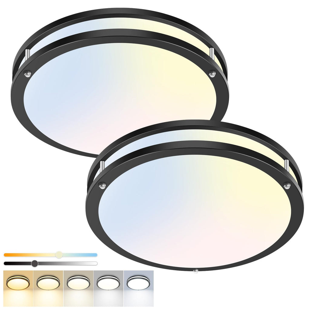 hepside 13inch Flush Mount Ceiling Light Fixture 2 Pack, Dimmable & 5CCT Ceiling Light Black, 24W 3000K 3500K 4000K 5000K 6500K Adjustable Ceiling Lamps for Bathroom Bedroom Hallway