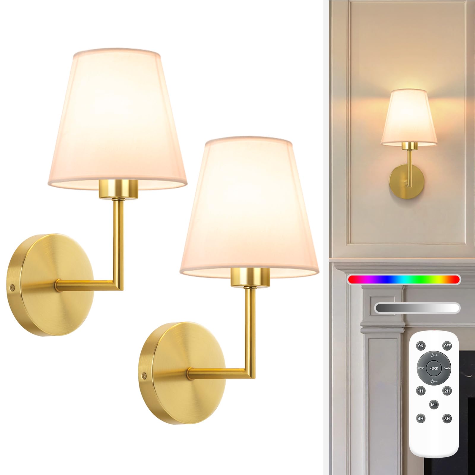 NIORSUN Battery Operated Wall Sconce Set of 2,Gold Rechargeable Wall Lights with 5200mAh Dimmable Bulbs and Remote,10 Colors Wireless Wall Lamps for Bedroom Living Room Hallway Decor