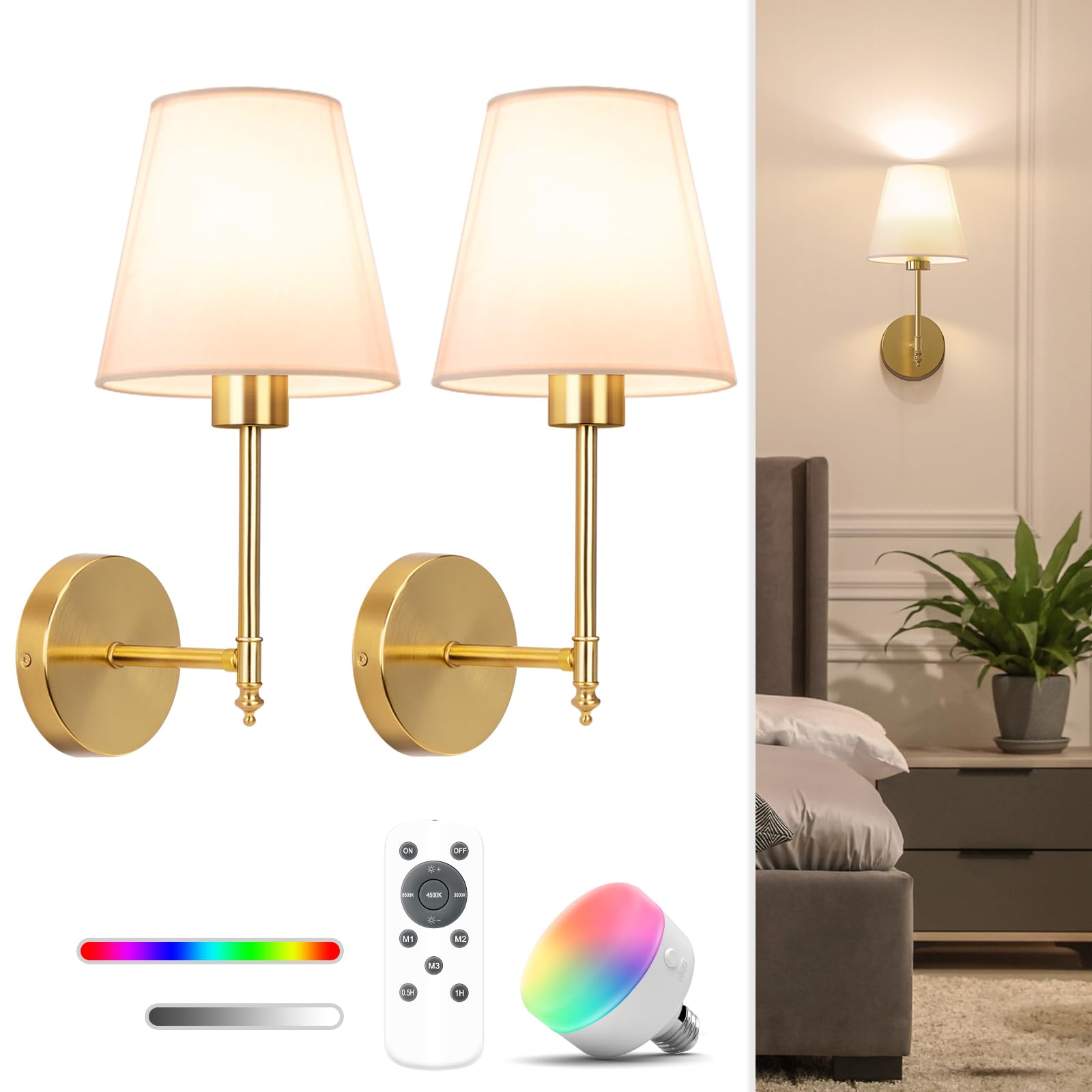 NIORSUN Battery Operated Wall Sconce Set of 2,Gold Rechargeable Wall Lights with 5200mAh Dimmable Bulbs and Remote,10 Colors Wireless Wall Lamps for Bedroom Living Room Hallway Decor