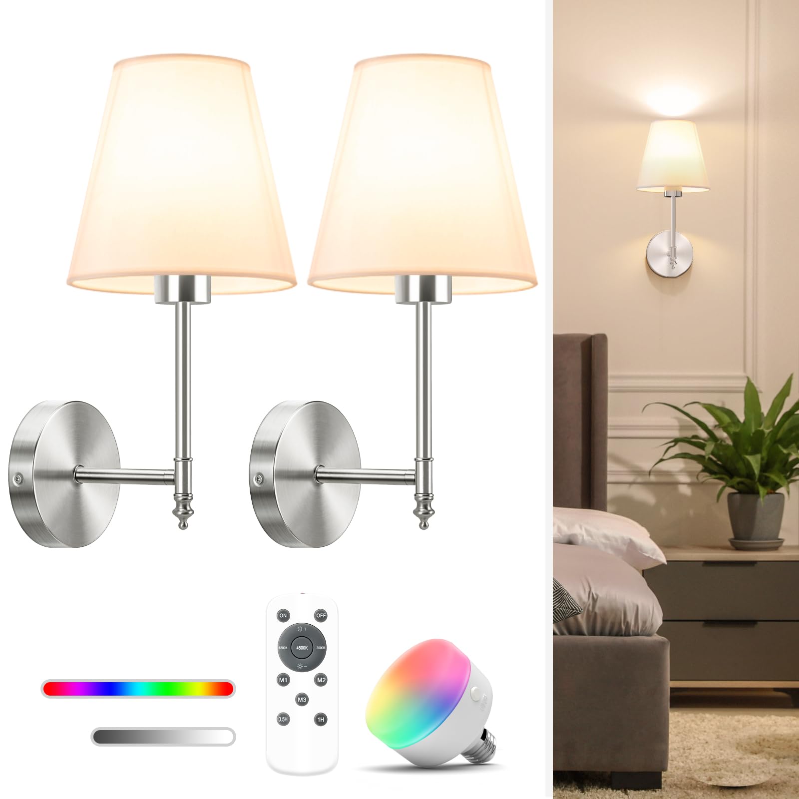 NIORSUN Battery Operated Wall Sconce Set of 2,Gold Rechargeable Wall Lights with 5200mAh Dimmable Bulbs and Remote,10 Colors Wireless Wall Lamps for Bedroom Living Room Hallway Decor