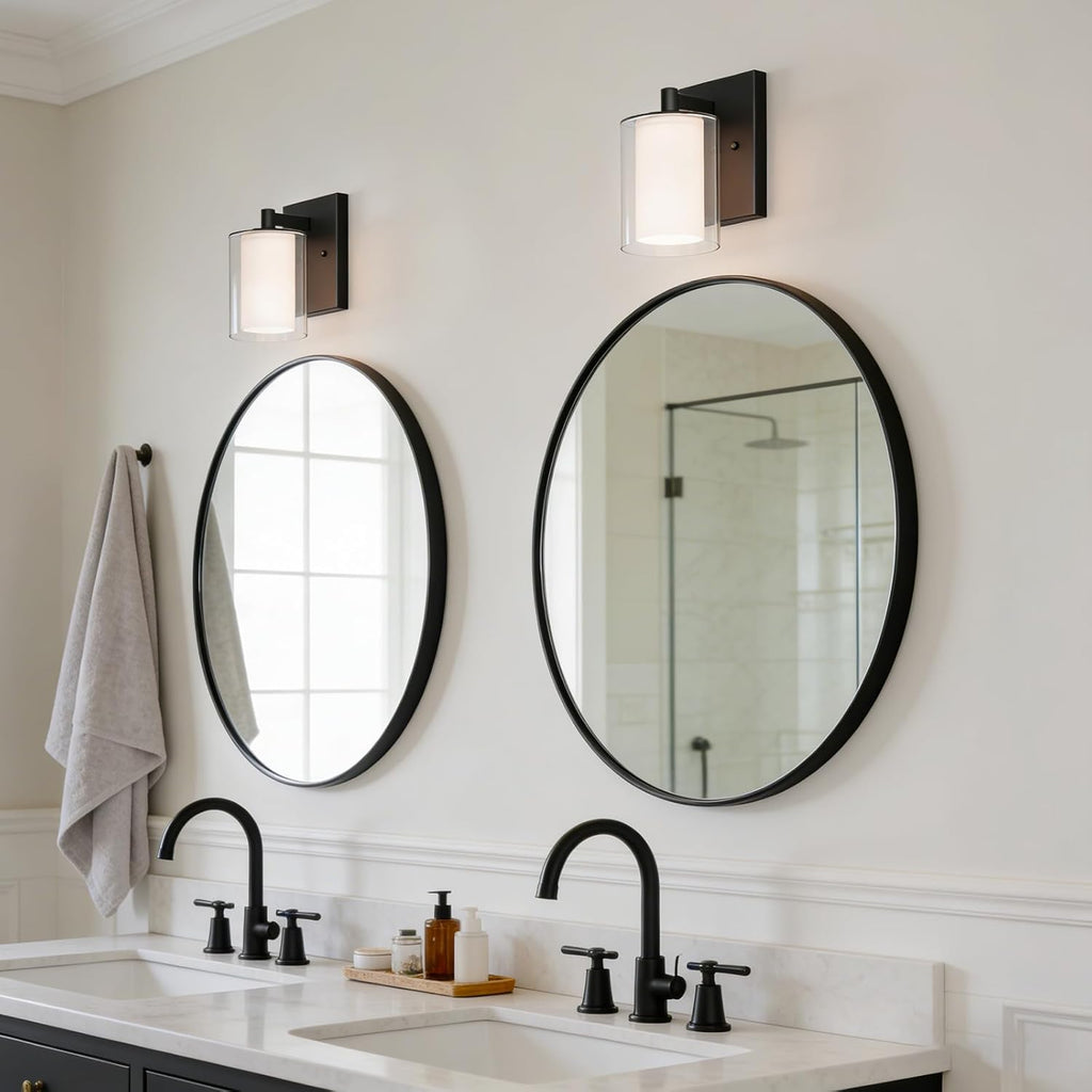 Kalium Wall Sconces Set of Two, Modern Vanity Lights with Double Clear Glass Shade Matte Black Indoor Farmhouse Wall Lights for Bathroom Living Room Bedroom Mirror Hallway Bulb E26 Base (2PCS)