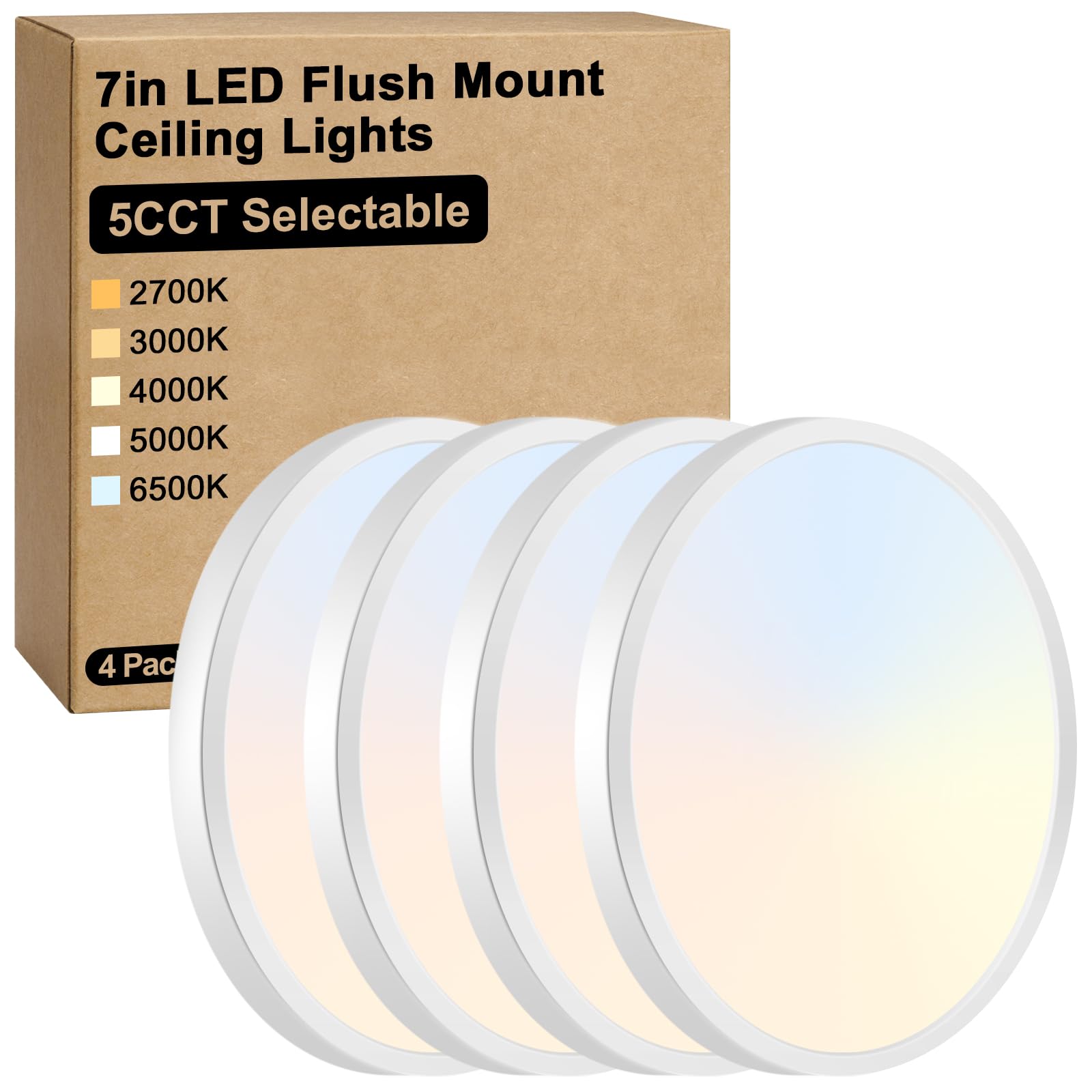 Brightever 4Pack LED Flush Mount Ceiling Light Fixture, 12 Inch 24W, Super Slim 0.67 Inch, 3200LM, Dimmable & 2700K-6500K 5 Color Selectable LED Ceiling Lights for Bedroom