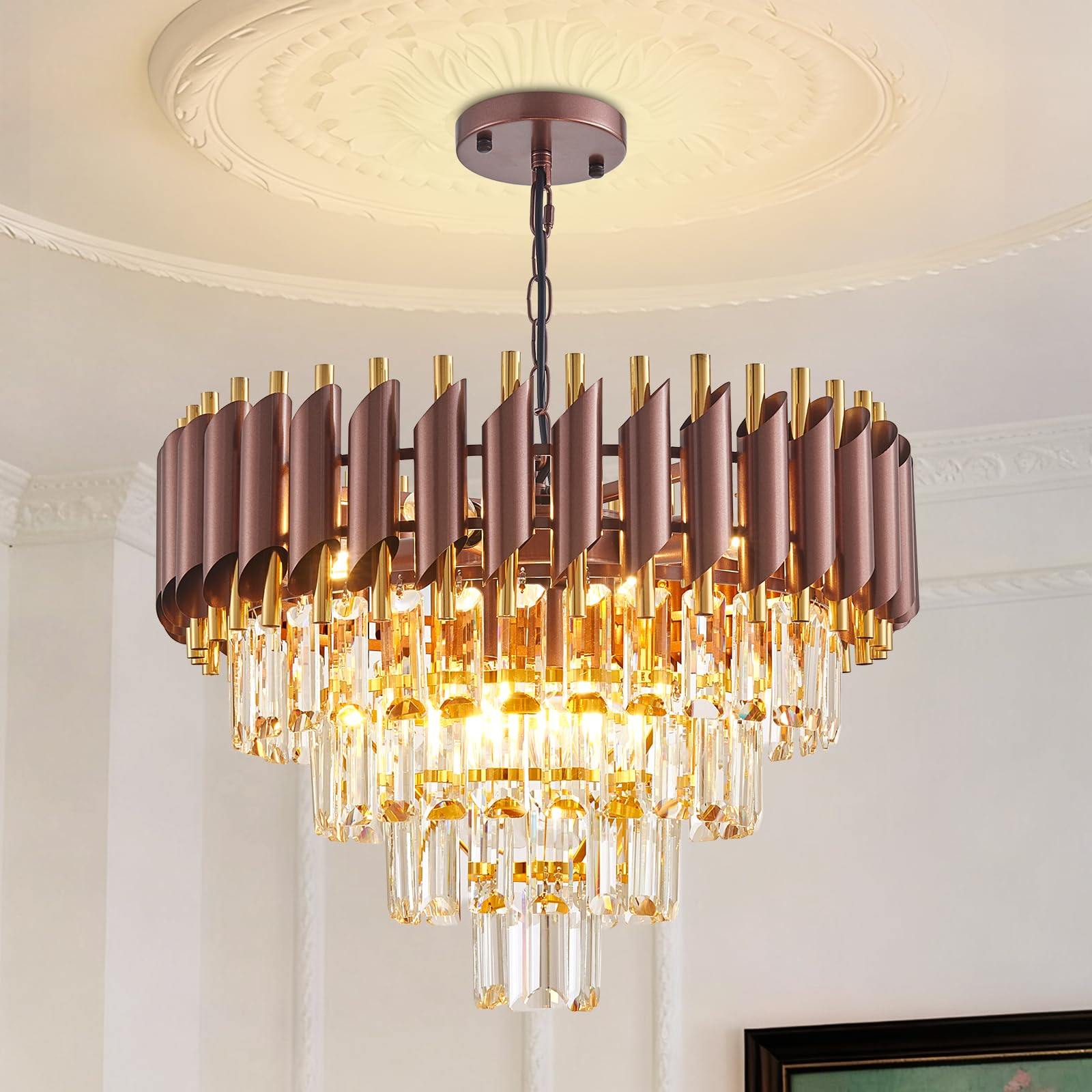 7-Light Modern Crystal Chandelier 20" Dining Room Light Fixtures 4 Tiers Flush Mount Smoke Grey and Gold Chandelier Round Chandeliers for Dining Room Living Room Kitchen Entryway Foyer
