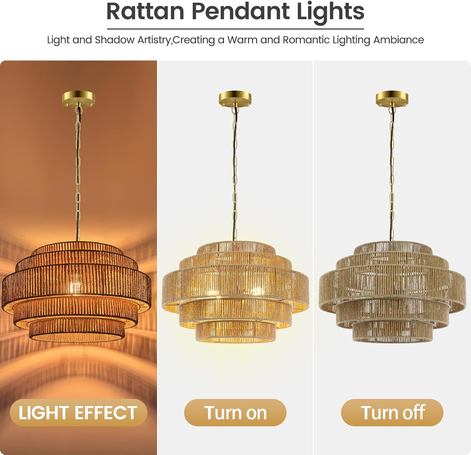 BoostArea 5-Tier Boho Chandelier Light Fixture,20" Hand Woven Pendant Lights Kitchen Island,Large Farmhouse Pendant Light for Kitchen,Dining Room,Hallway, Foyer
