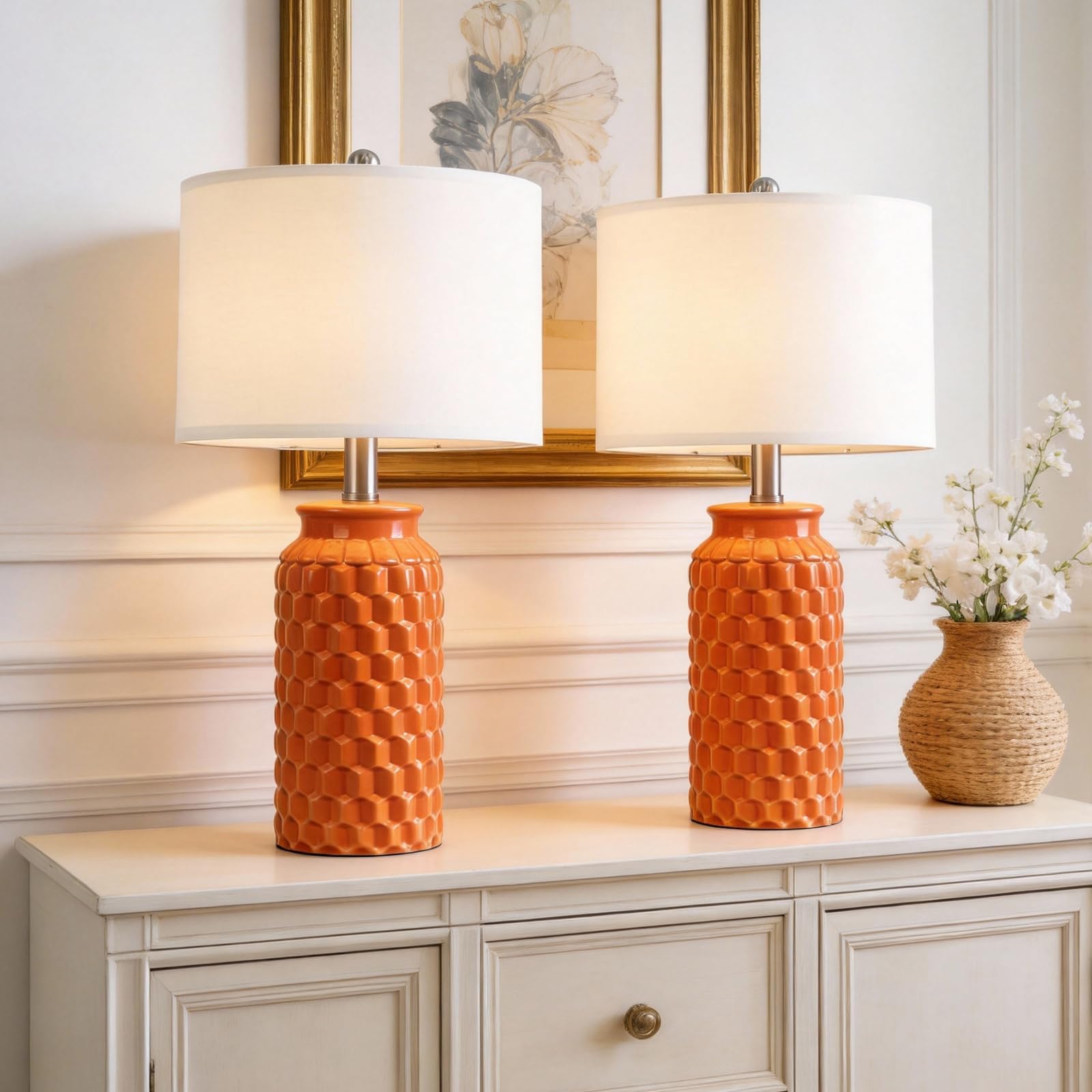 USumkky 20.5" White Modern Ceramic Bedside Lamp Set of 2 for Bedroom Decor Farmhouse Table Lamp for Living Room Office Dorm