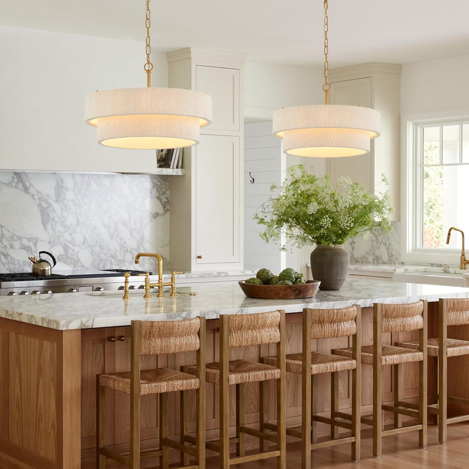 20”Hand Woven Rattan Chandelier Boho Pendant Light Adjustable Coastal Pendant Light for Kitchen Island Dining Living Room, White, UL Listed