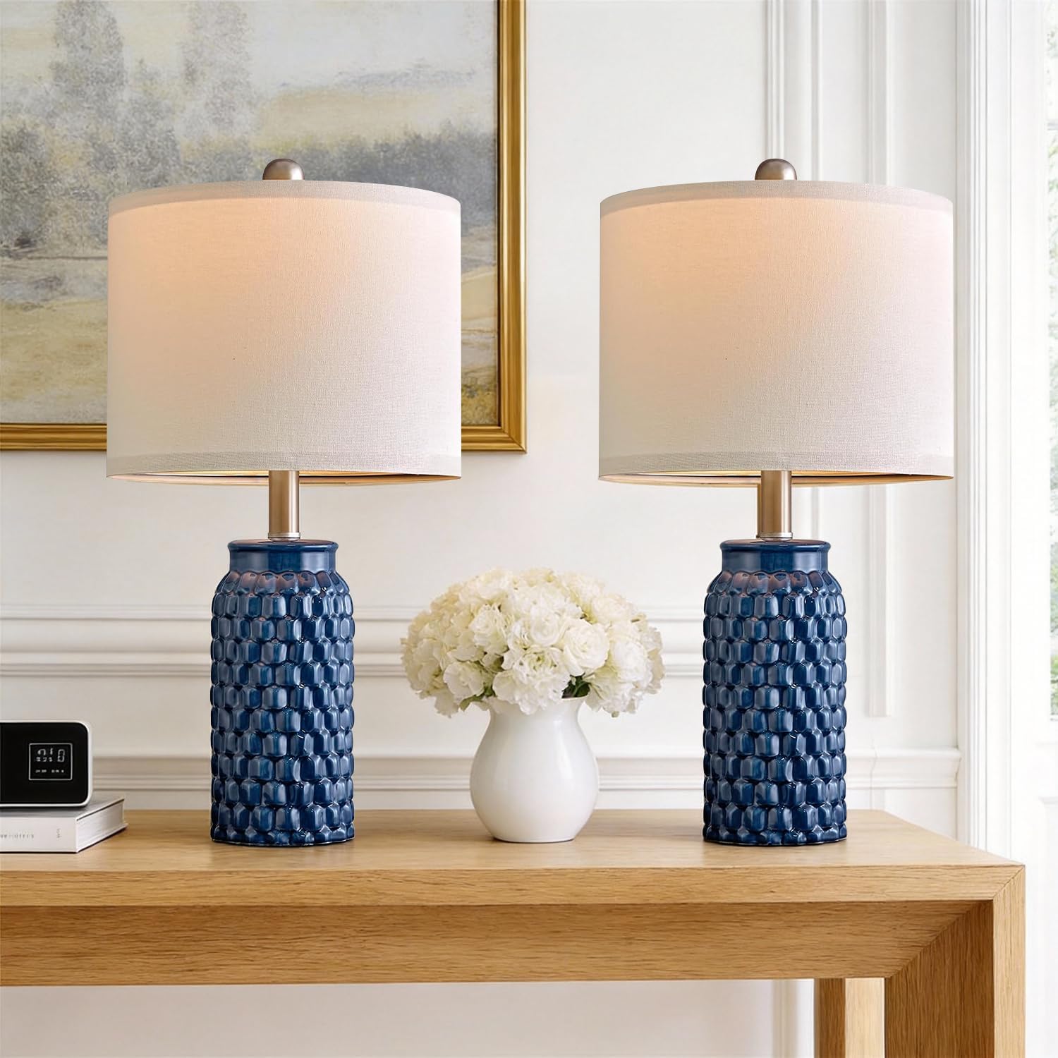 USumkky 20.5" White Modern Ceramic Bedside Lamp Set of 2 for Bedroom Decor Farmhouse Table Lamp for Living Room Office Dorm