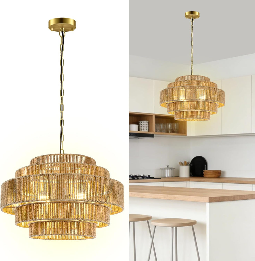 BoostArea 5-Tier Boho Chandelier Light Fixture,20" Hand Woven Pendant Lights Kitchen Island,Large Farmhouse Pendant Light for Kitchen,Dining Room,Hallway, Foyer