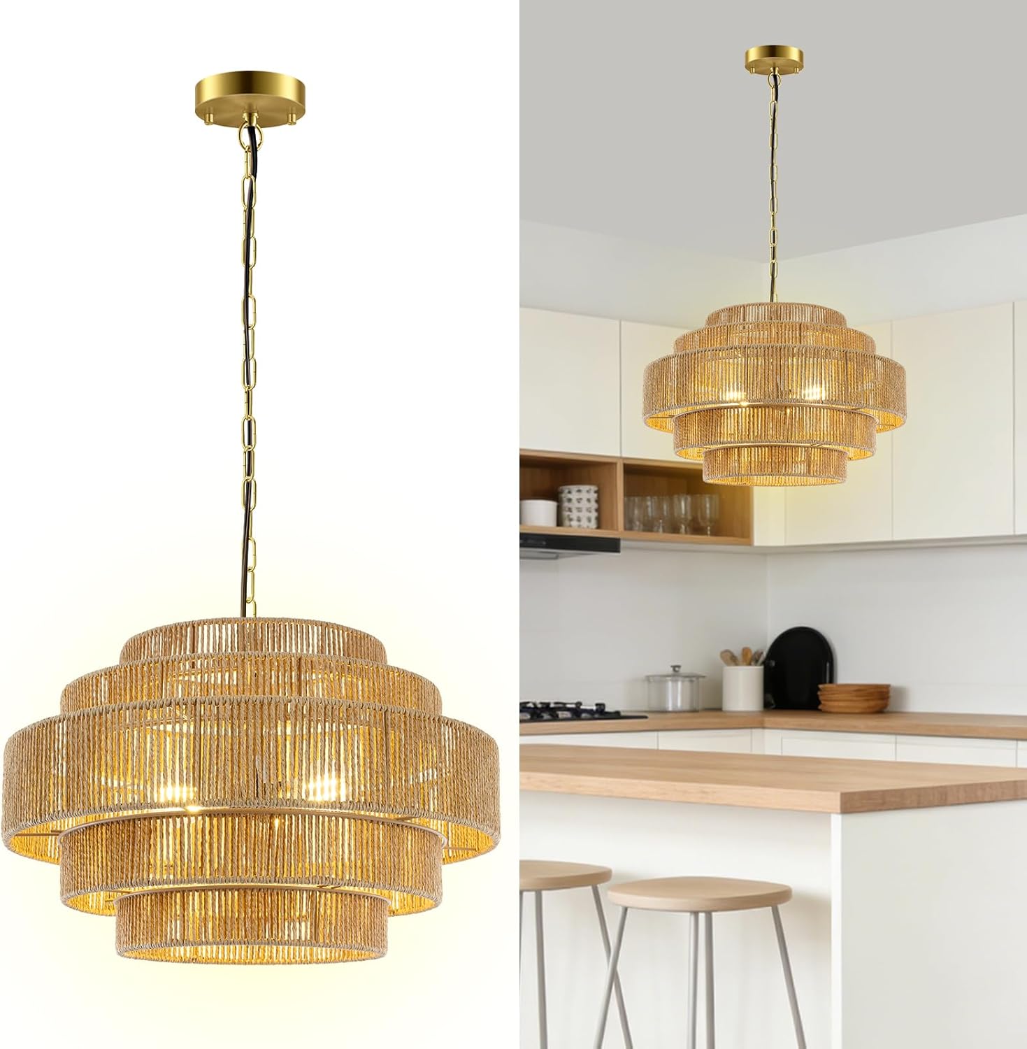 BoostArea 5-Tier Boho Chandelier Light Fixture,20" Hand Woven Pendant Lights Kitchen Island,Large Farmhouse Pendant Light for Kitchen,Dining Room,Hallway, Foyer