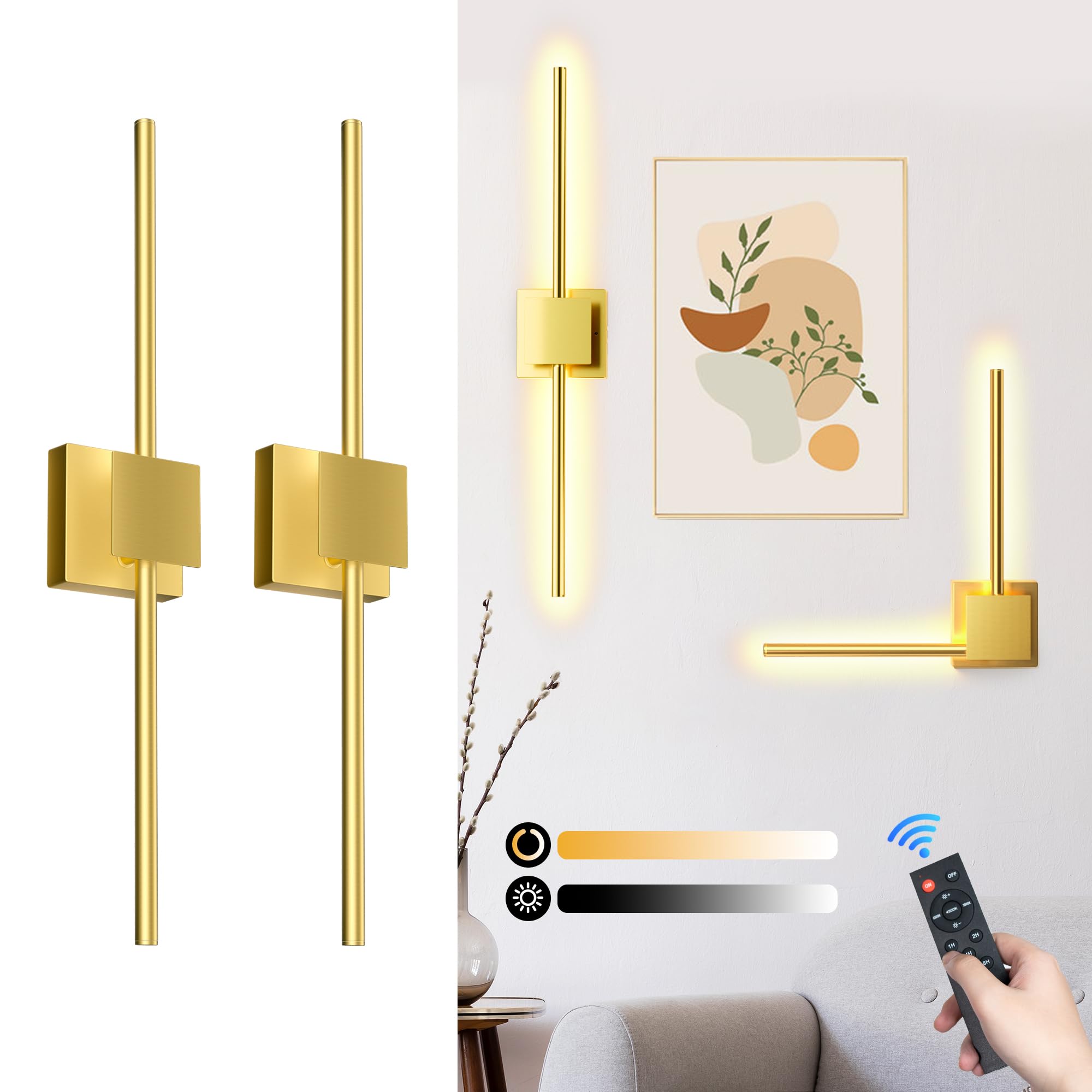Battery Operated Wall Sconces Set of 2,  12000mAh Rotatable Picture Lights with Remote Control, Dimmable 3000-6500K LED Rechargeable Wall Lights for Living Room Bedroom Mirror, 28.3In