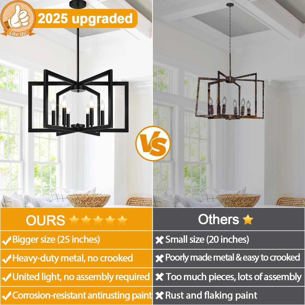 25" Modern Matte Black Chandelier for Dining Room, No Assembly Required Black Dining Room Light Fixture Over Table, Industrial Metal Hanging Pendant Lights Fixture for Kitchen Island, Entryway, Foyer