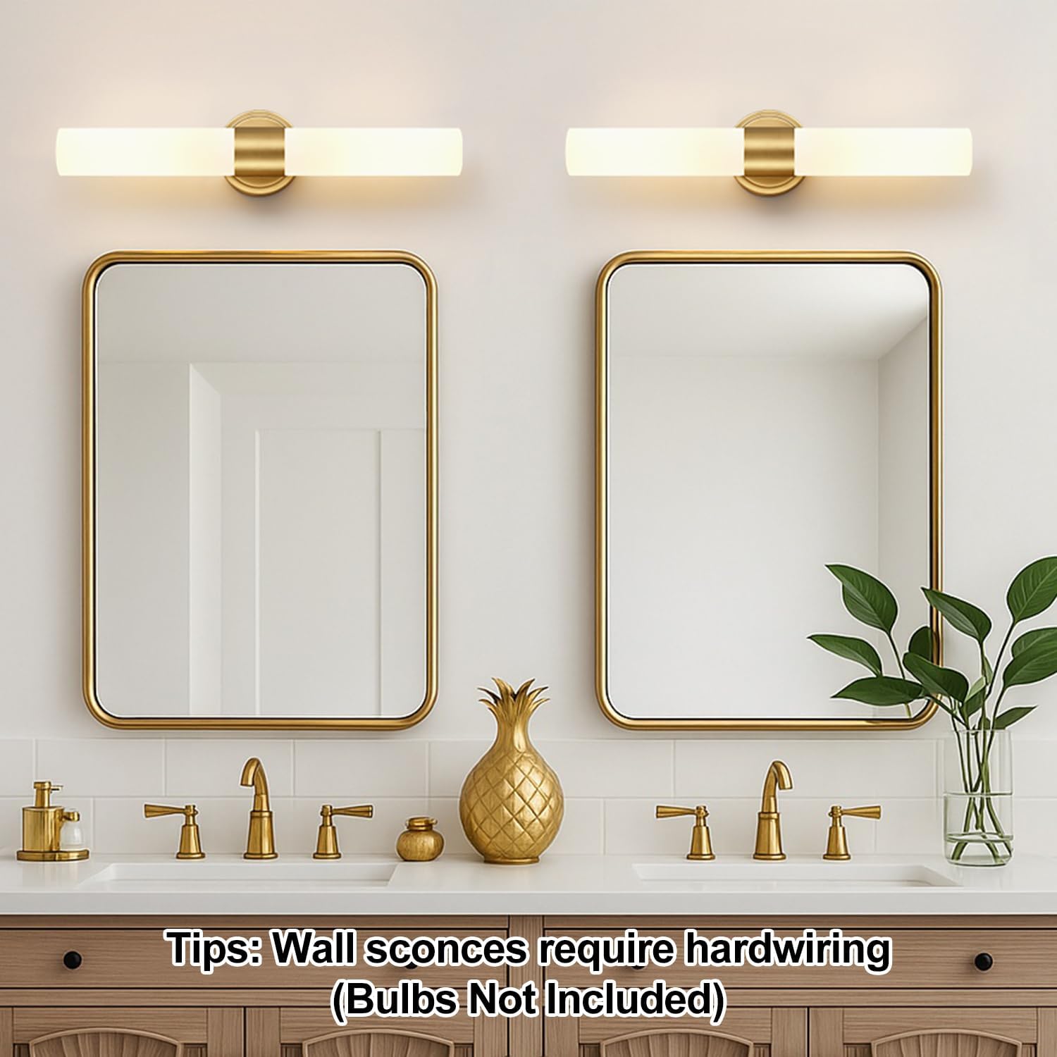 Wall Sconces Set of Two, Modern Bathroom Sconces Wall Lighting with Milky White Glass, Brushed Gold Sconces Wall Decor Set of 2 for Bathroom Mirror Bedroom Living Room Hallway (HARDWIRED)