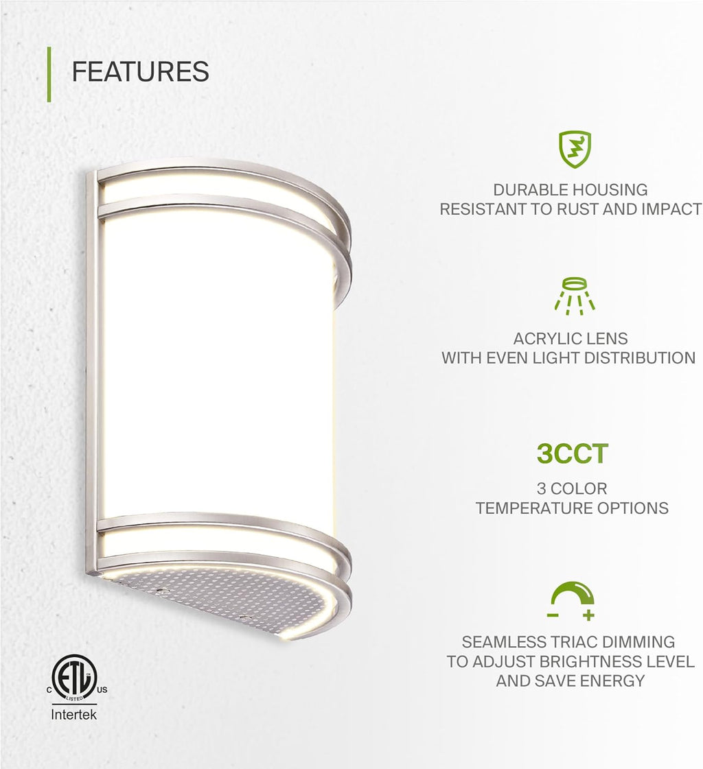 ASD LED Indoor Wall Mount Light Fixture - 10 Inch 15W Modern Interior Brushed Nickel Dimmable Wall Sconce Light - ETL 3000K 4000K 5000K Adjustable - Hallway, Bedroom LED Wall Lights