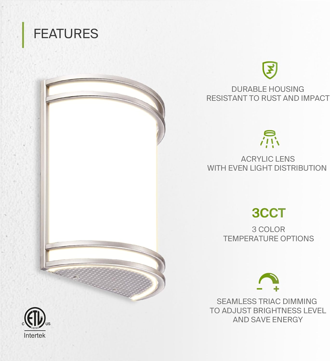 ASD LED Indoor Wall Mount Light Fixture - 10 Inch 15W Modern Interior Brushed Nickel Dimmable Wall Sconce Light - ETL 3000K 4000K 5000K Adjustable - Hallway, Bedroom LED Wall Lights
