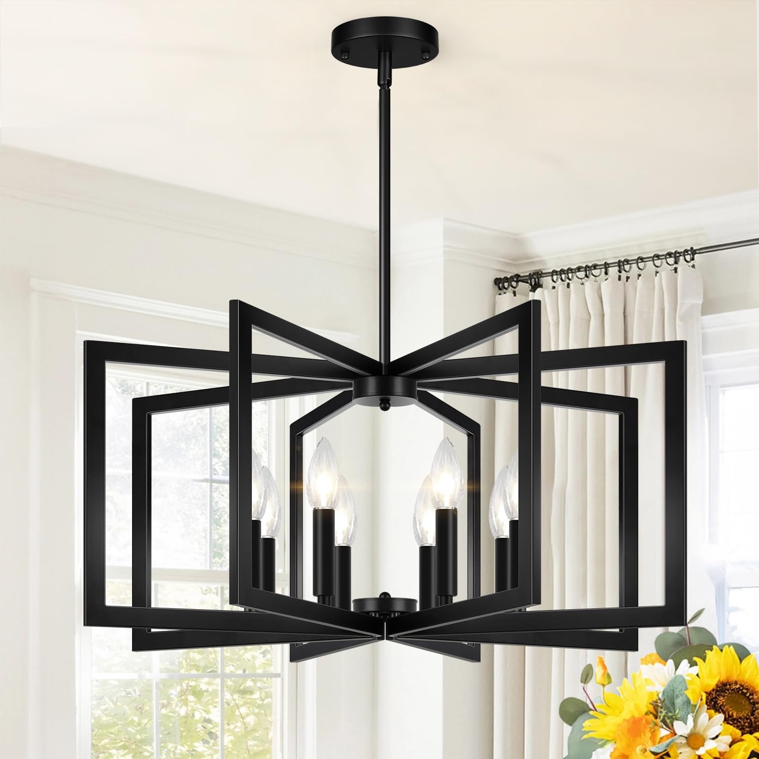 25" Modern Matte Black Chandelier for Dining Room, No Assembly Required Black Dining Room Light Fixture Over Table, Industrial Metal Hanging Pendant Lights Fixture for Kitchen Island, Entryway, Foyer