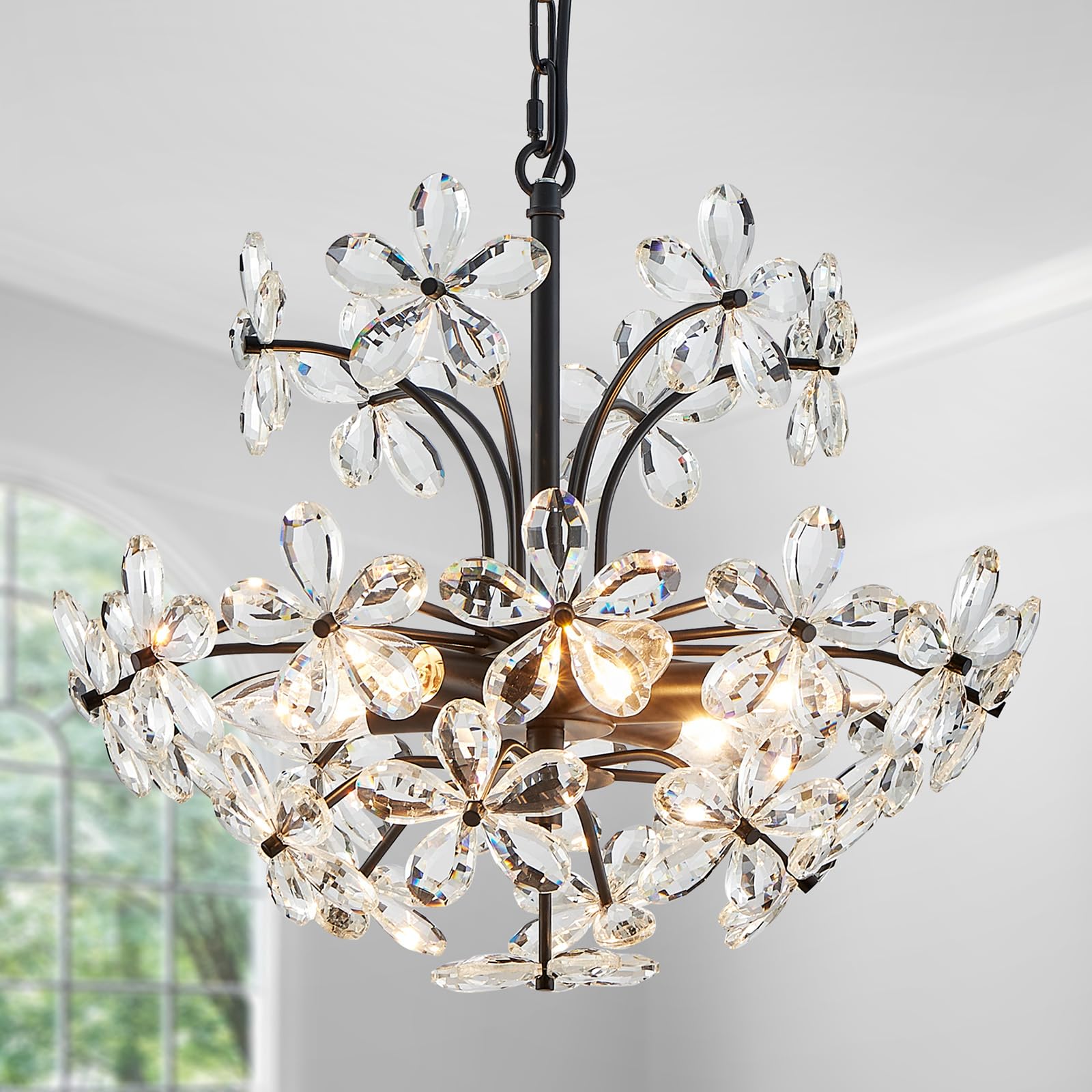WUZUPS Crystal Chandelier 10-Light Pendant Ceiling Light Modern Lighting Fixture for Dining Room Hallway Bedroom Kitchen Bathroom, H 27.6" x W 22.8", E12 Base, Black