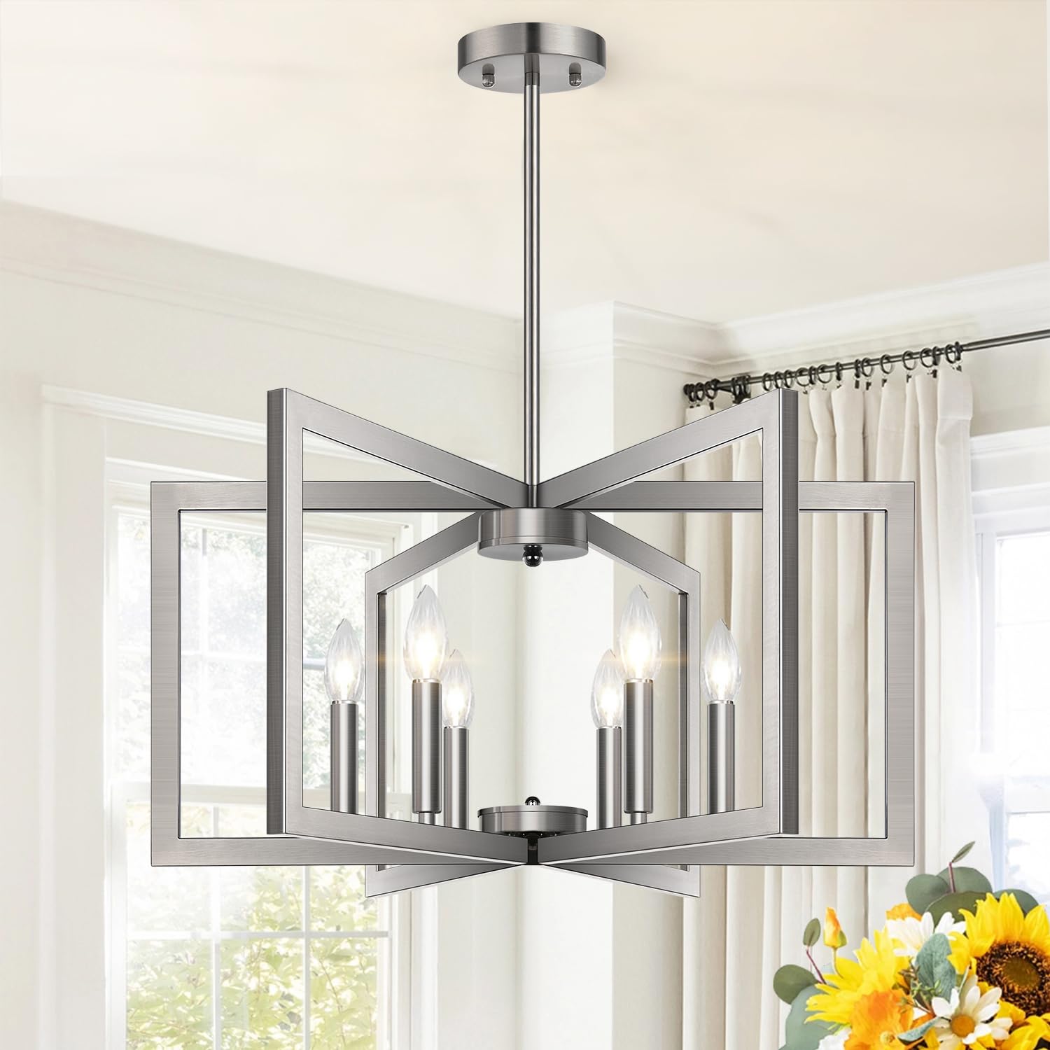 25" Modern Matte Black Chandelier for Dining Room, No Assembly Required Black Dining Room Light Fixture Over Table, Industrial Metal Hanging Pendant Lights Fixture for Kitchen Island, Entryway, Foyer