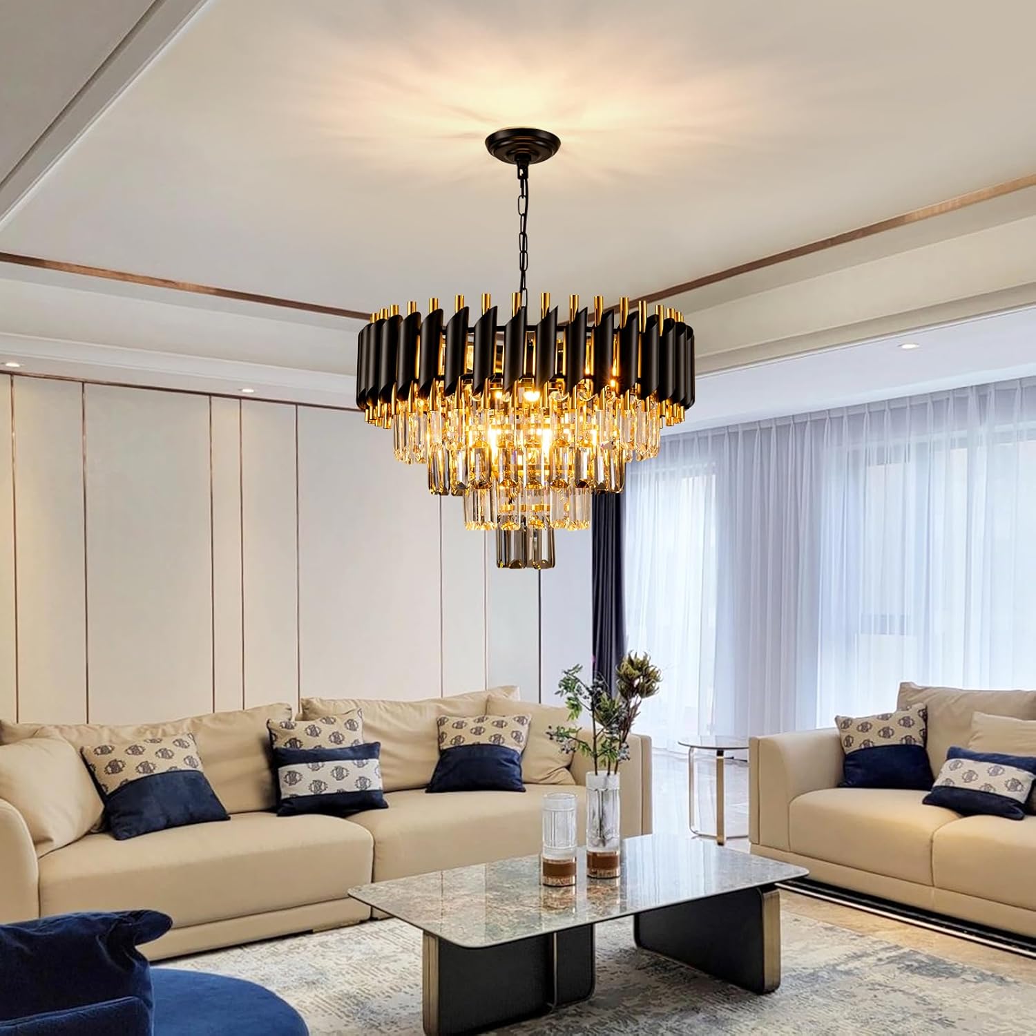 7-Light Modern Crystal Chandelier 20" Dining Room Light Fixtures 4 Tiers Flush Mount Smoke Grey and Gold Chandelier Round Chandeliers for Dining Room Living Room Kitchen Entryway Foyer