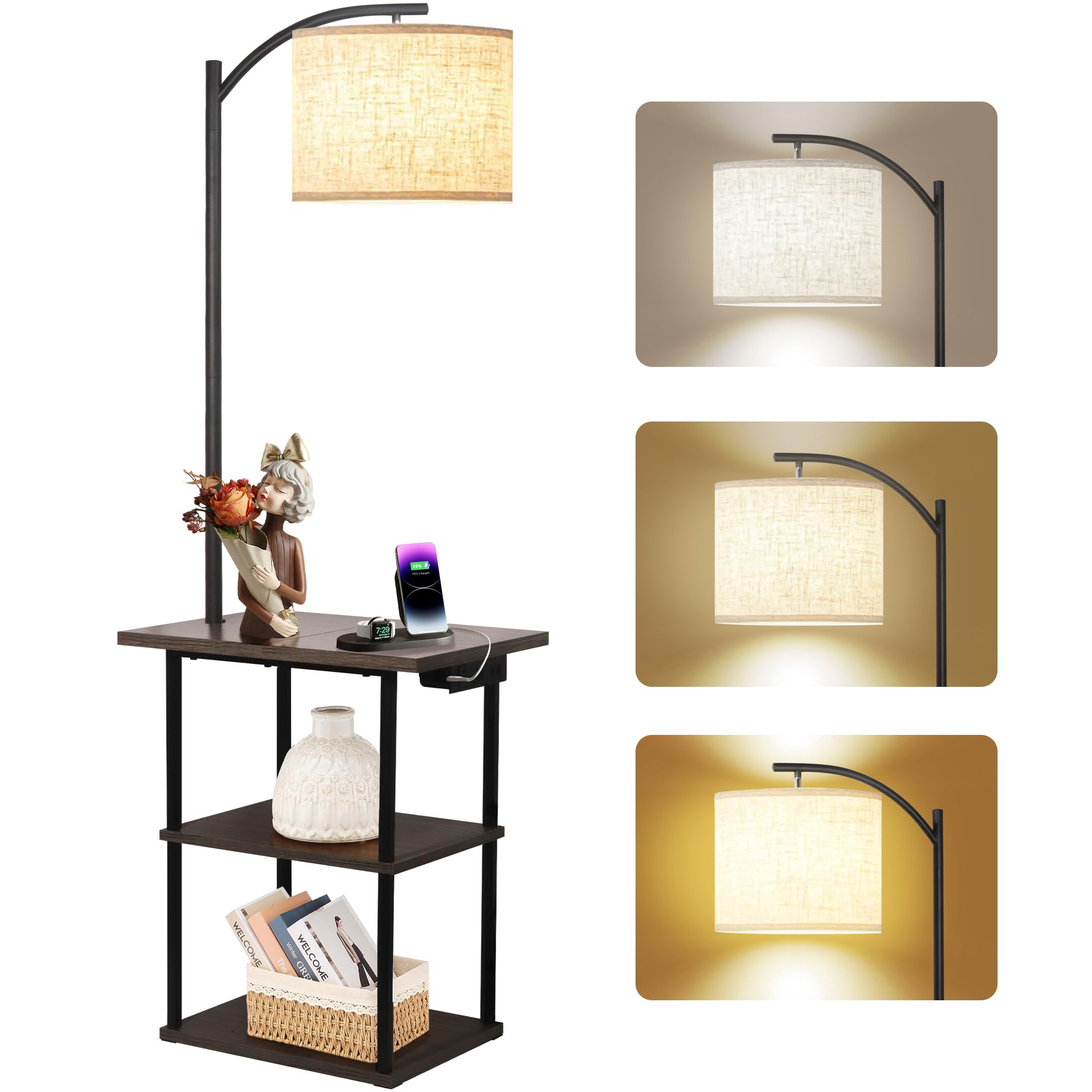 PESRAE Floor Lamp with Table, End Tables with Charging Station(USB & Type-C & AC Port), 3 Color Temperatures 9W LED Bulb, Modern Shelves Side Table for Bedroom, Living Room