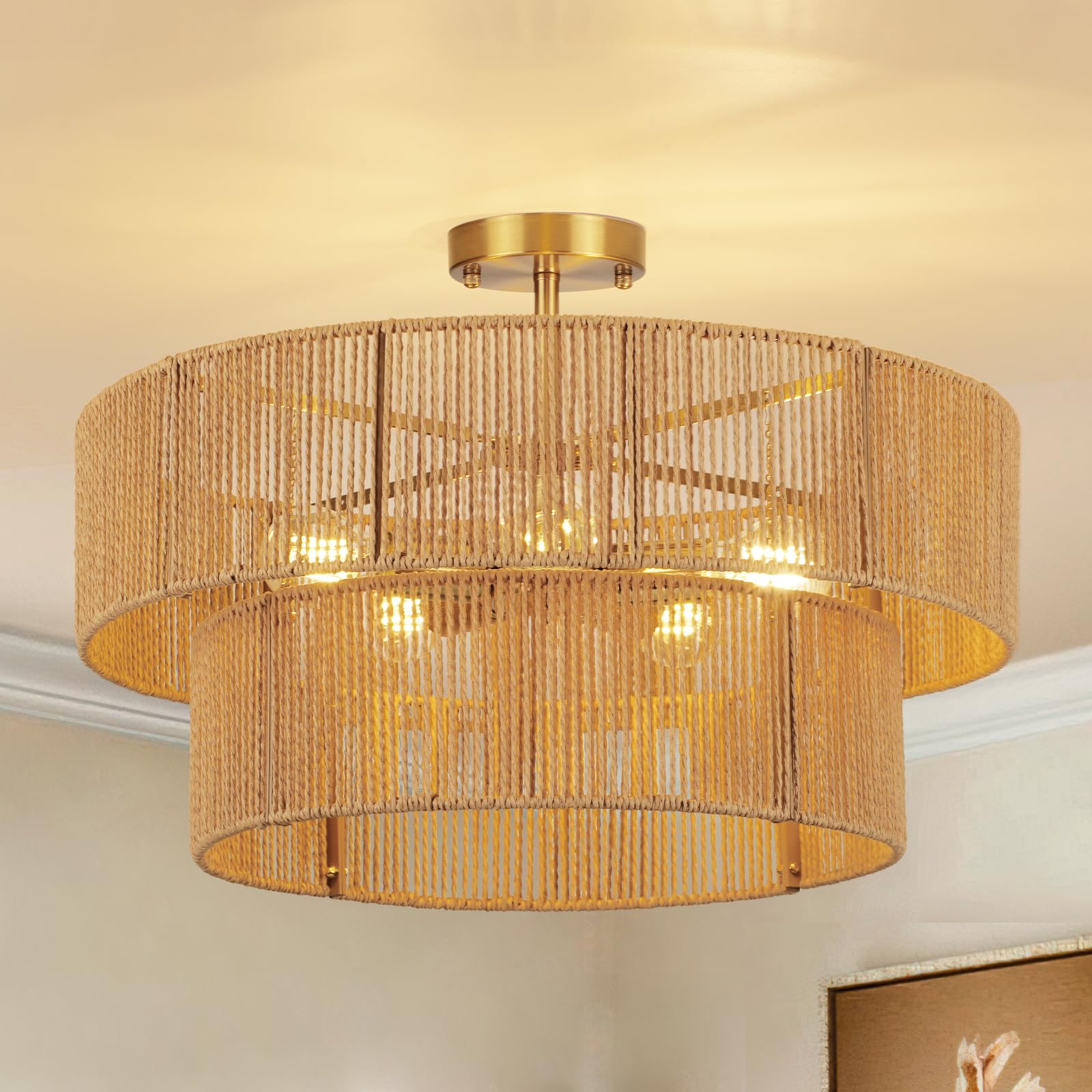 24” Boho Hand-Woven Rattan Wicker Ceiling Light, Large Semi Flush Mount Chandelier Fixture, Rustic Lighting for Living Room, Bedroom, Dining, Kitchen Island, Hallway, Entryway, Foyer