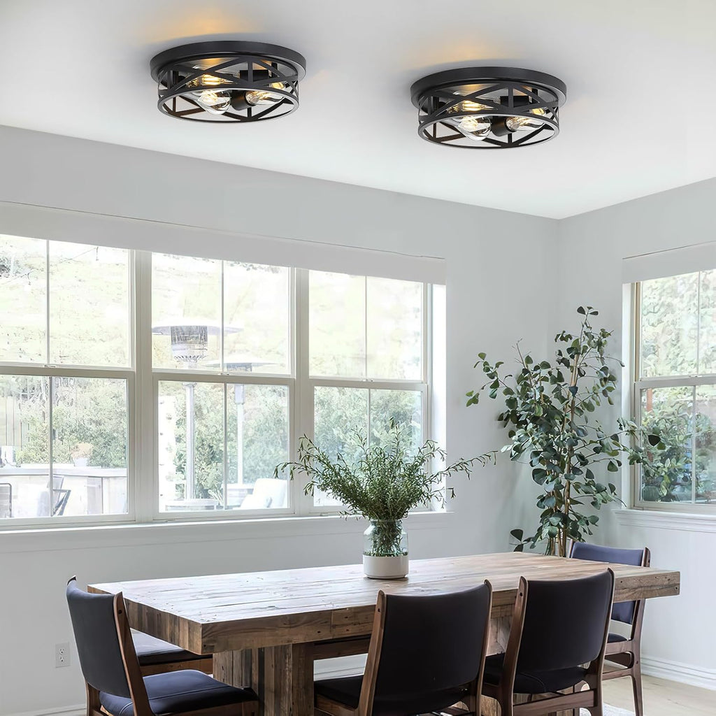 13 Inch Flush Mount Ceiling Light 2-Pack, Farmhouse Metal Cage Semi Flush Mount Ceiling Light Fixtures, Black Close to Ceiling Light for Hallway Kitchen Bedroom Entryway