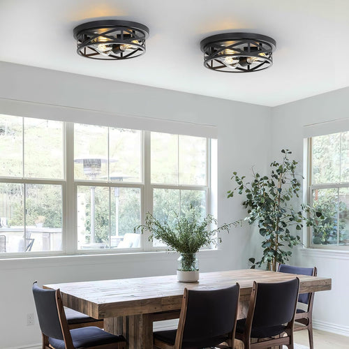 13 Inch Flush Mount Ceiling Light 2-Pack, Farmhouse Metal Cage Semi Flush Mount Ceiling Light Fixtures, Black Close to Ceiling Light for Hallway Kitchen Bedroom Entryway